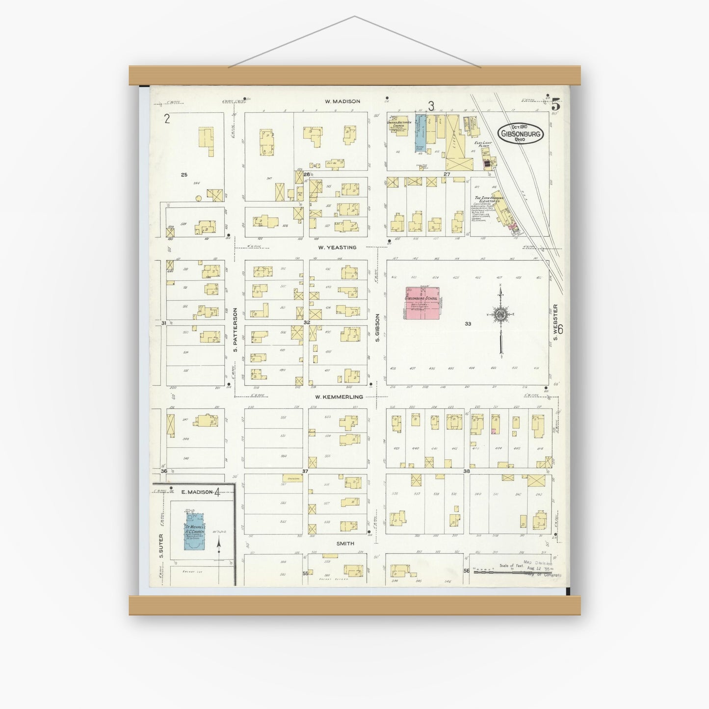 Old map wall art mockup — magnetic wood frame on white wall — Sanborn Fire Insurance Map from Gibsonburg, Sandusky County, Ohio (1910), Sheet #0005