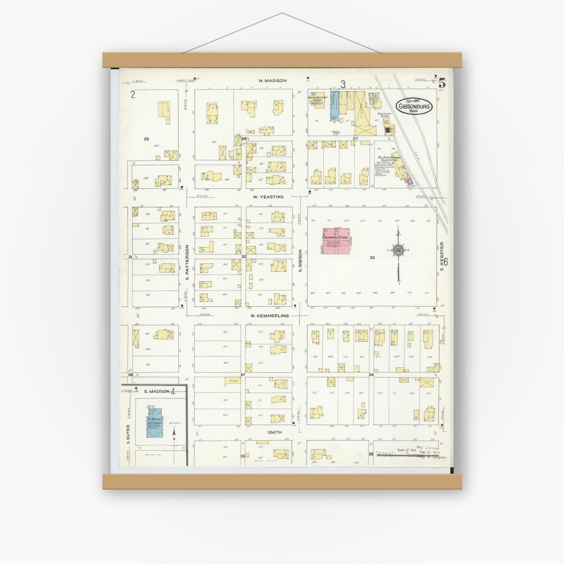 Old map wall art mockup — magnetic wood frame on white wall — Sanborn Fire Insurance Map from Gibsonburg, Sandusky County, Ohio (1910), Sheet #0005