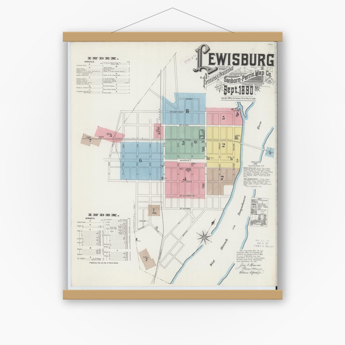 Old map wall art mockup — magnetic wood frame on white wall — Sanborn Fire Insurance Map from Lewisburg, Union County, Pennsylvania (1890) - Complete Map Set