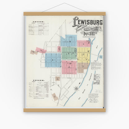 Old map wall art mockup — magnetic wood frame on white wall — Sanborn Fire Insurance Map from Lewisburg, Union County, Pennsylvania (1890) - Complete Map Set