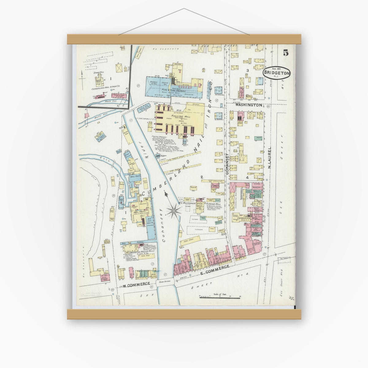Old map wall art mockup — magnetic wood frame on white wall — Sanborn Fire Insurance Map from Bridgeton, Cumberland County, New Jersey (1891), Sheet #0005