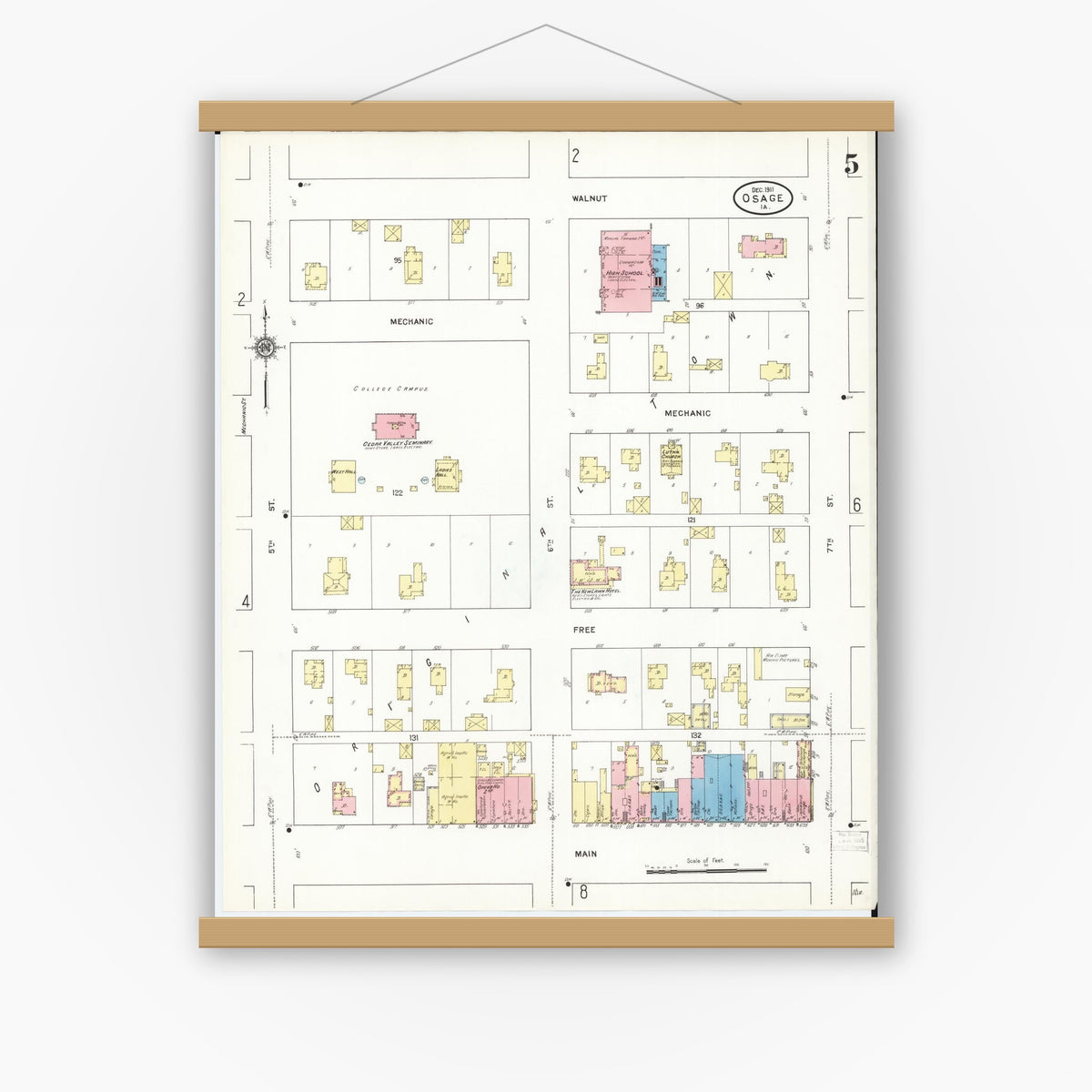 Old map wall art mockup — magnetic wood frame on white wall — Sanborn Fire Insurance Map from Osage, Mitchell County, Iowa (1911), Sheet #0005
