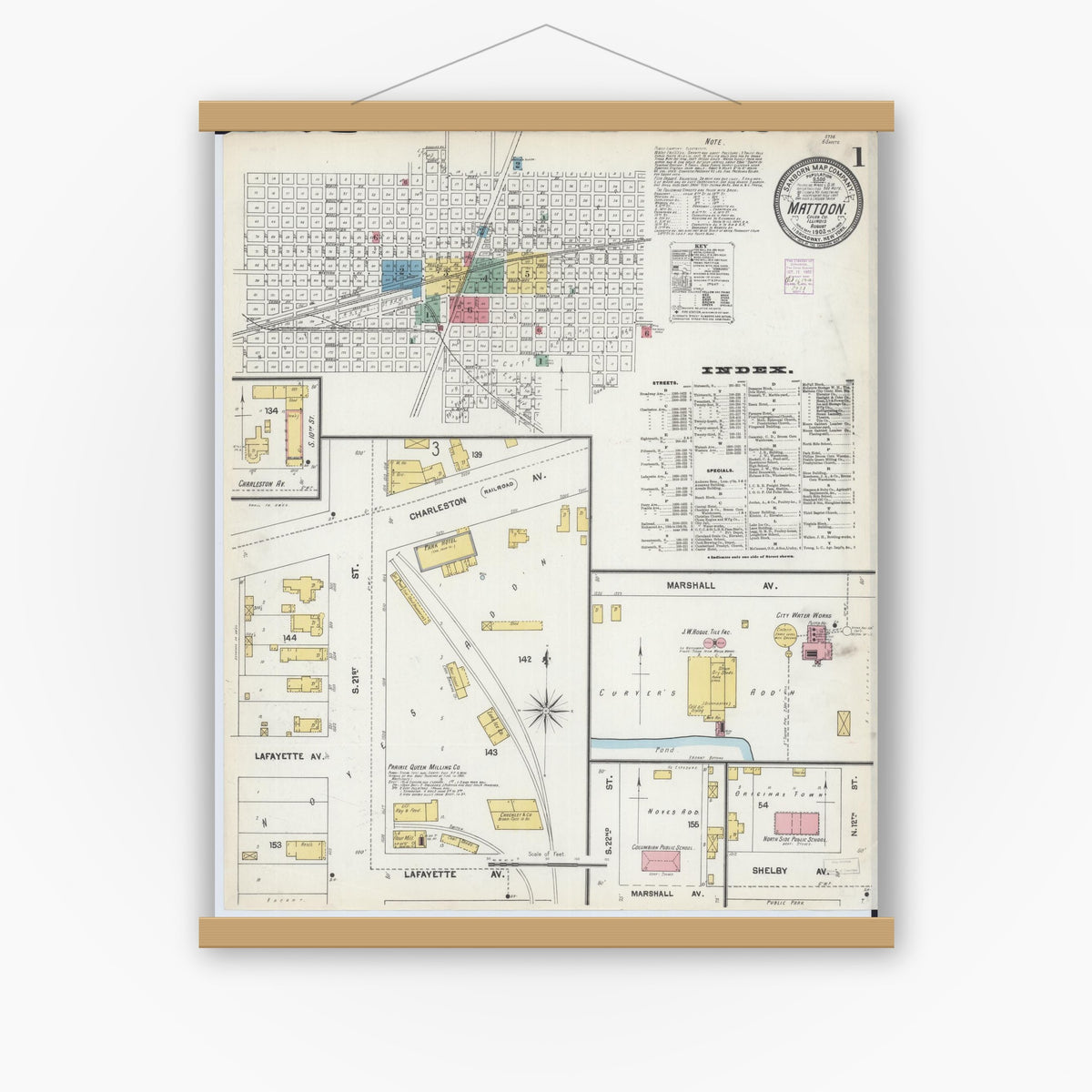 Old map wall art mockup — magnetic wood frame on white wall — Sanborn Fire Insurance Map from Mattoon, Coles County, Illinois (1902) - Complete Map Set