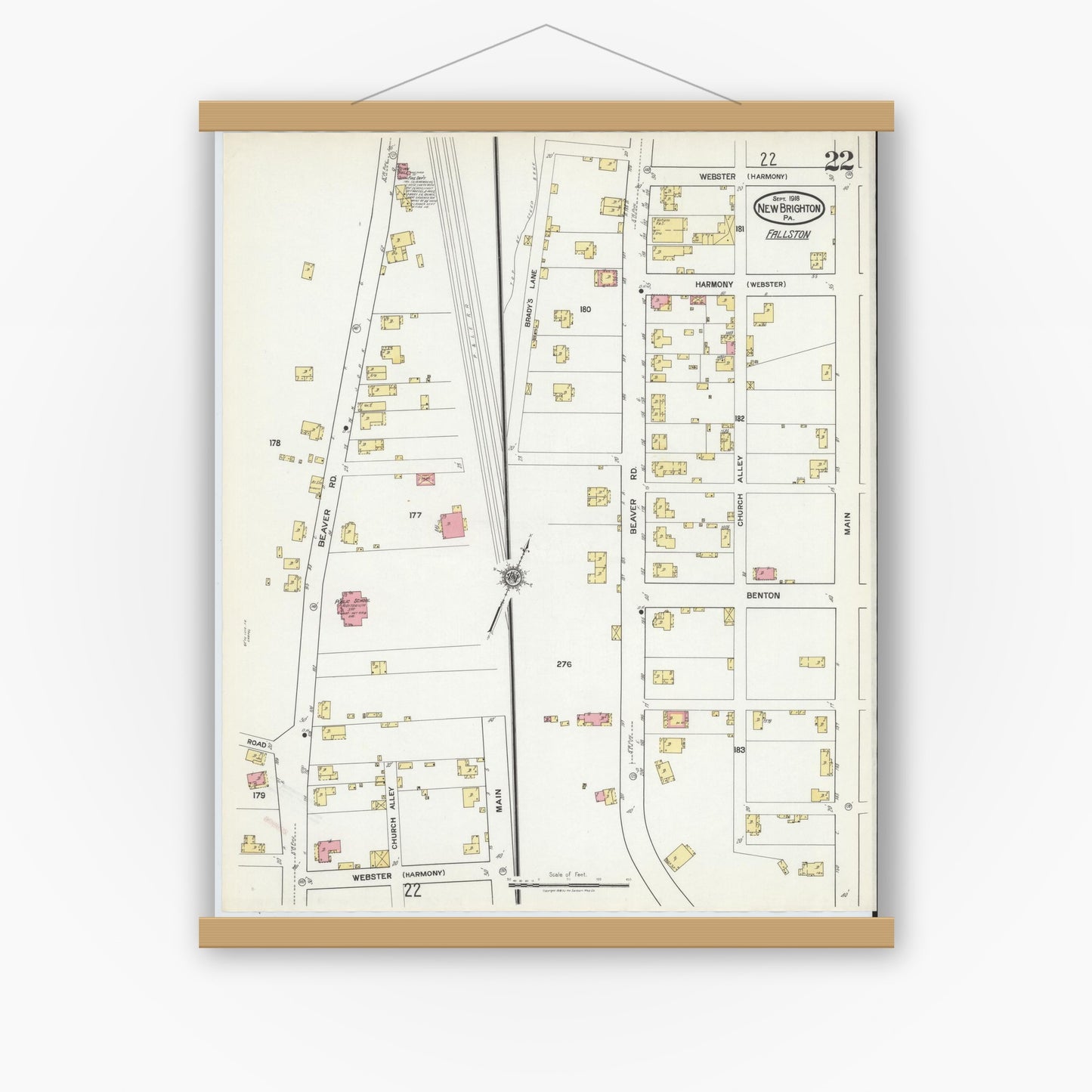 Old map wall art mockup — magnetic wood frame on white wall — Sanborn Fire Insurance Map from New Brighton, Beaver County, Pennsylvania (1918), Sheet #0022