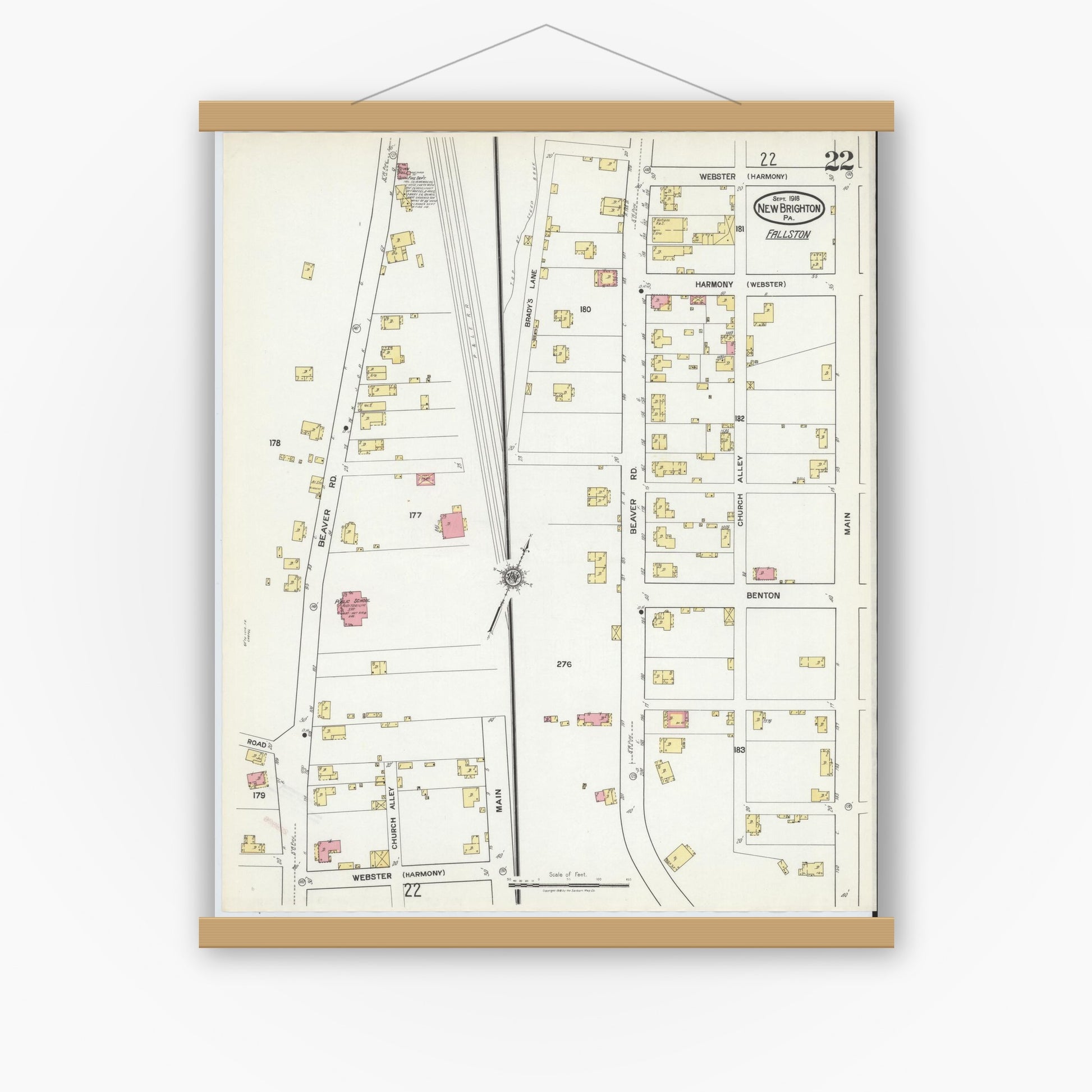 Old map wall art mockup — magnetic wood frame on white wall — Sanborn Fire Insurance Map from New Brighton, Beaver County, Pennsylvania (1918), Sheet #0022