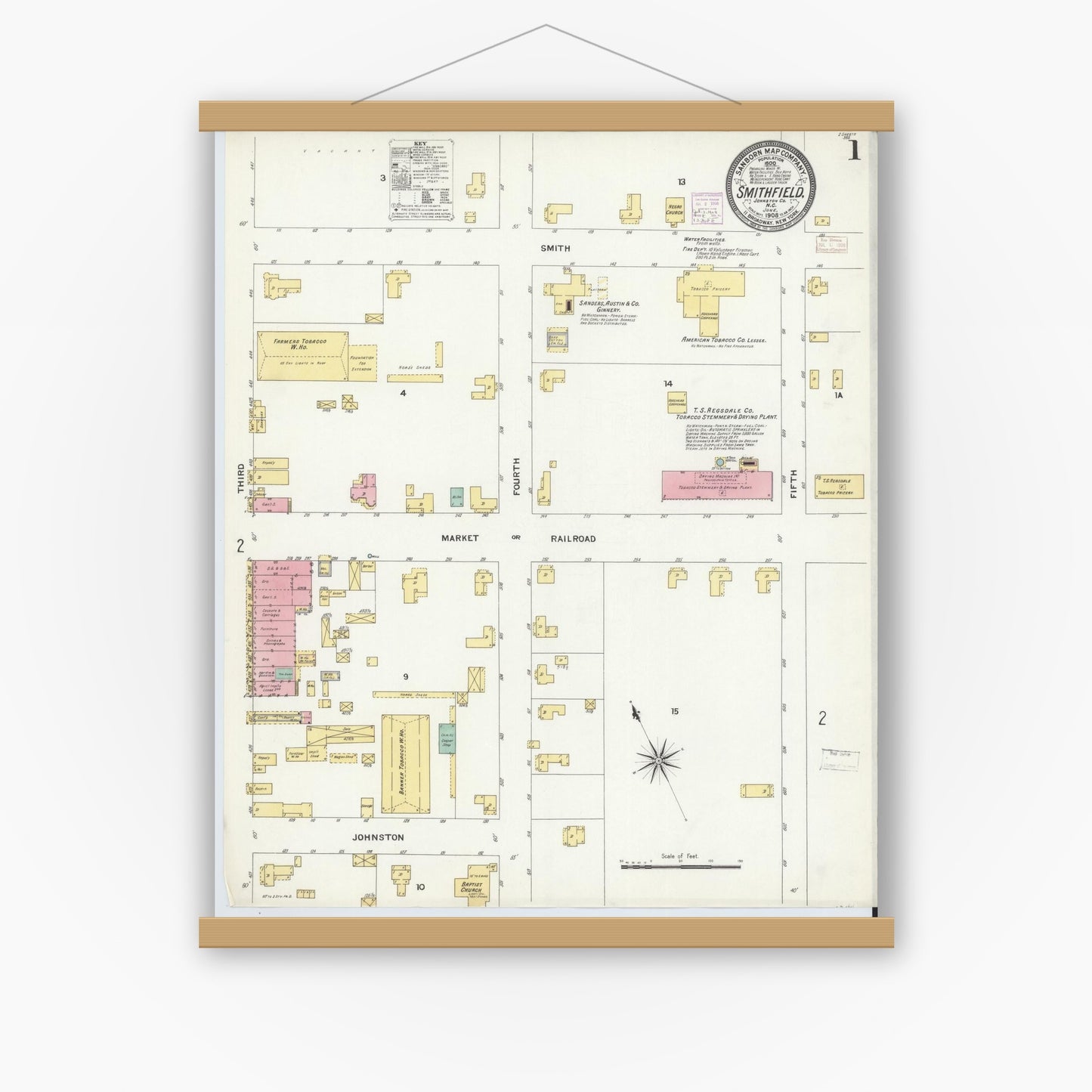 Old map wall art mockup — magnetic wood frame on white wall — Sanborn Fire Insurance Map from Smithfield, Johnston County, North Carolina (1908), Sheet #0001