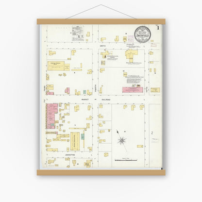 Old map wall art mockup — magnetic wood frame on white wall — Sanborn Fire Insurance Map from Smithfield, Johnston County, North Carolina (1908), Sheet #0001
