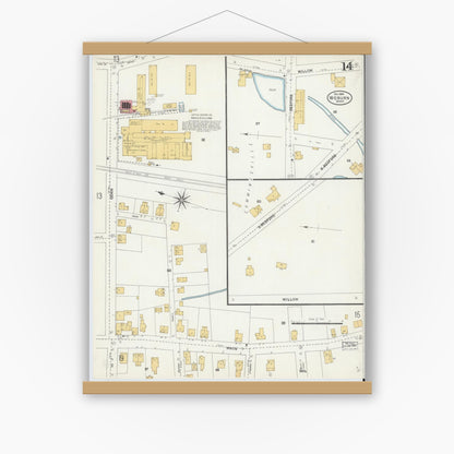 Old map wall art mockup — magnetic wood frame on white wall — Sanborn Fire Insurance Map from Woburn, Middlesex County, Massachusetts (1904), Sheet #0014