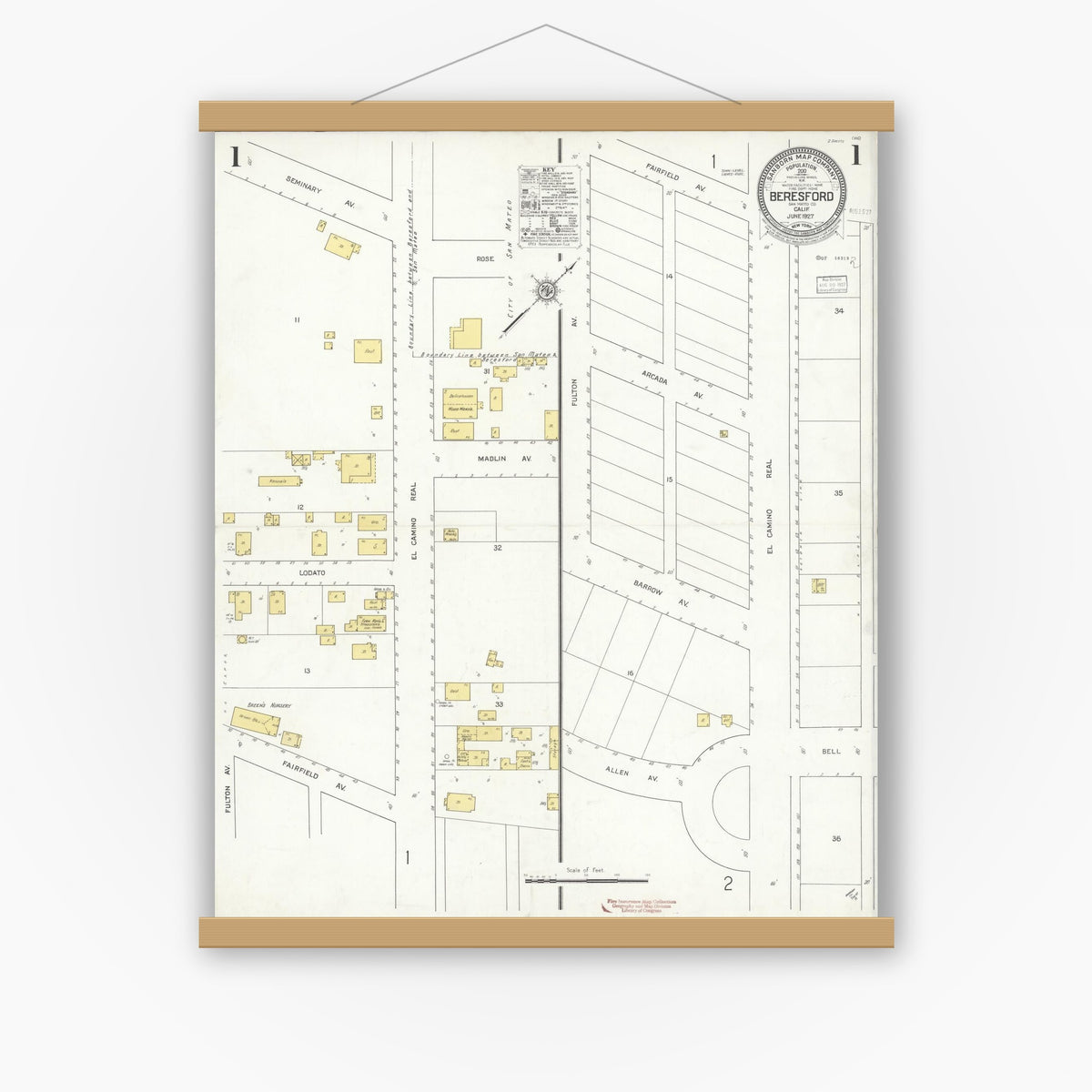 Old map wall art mockup — magnetic wood frame on white wall — Sanborn Fire Insurance Map from Beresford, San Mateo County, California (1927), Sheet #0001