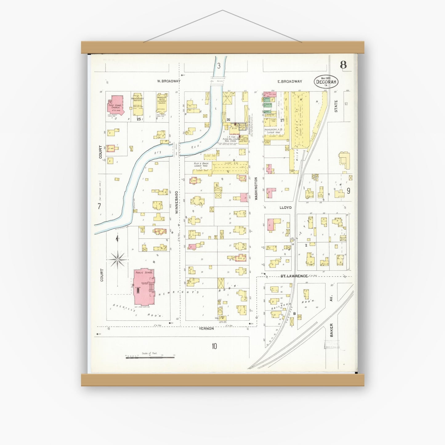 Old map wall art mockup — magnetic wood frame on white wall — Sanborn Fire Insurance Map from Decorah, Winneshiek County, Iowa (1902), Sheet #0008