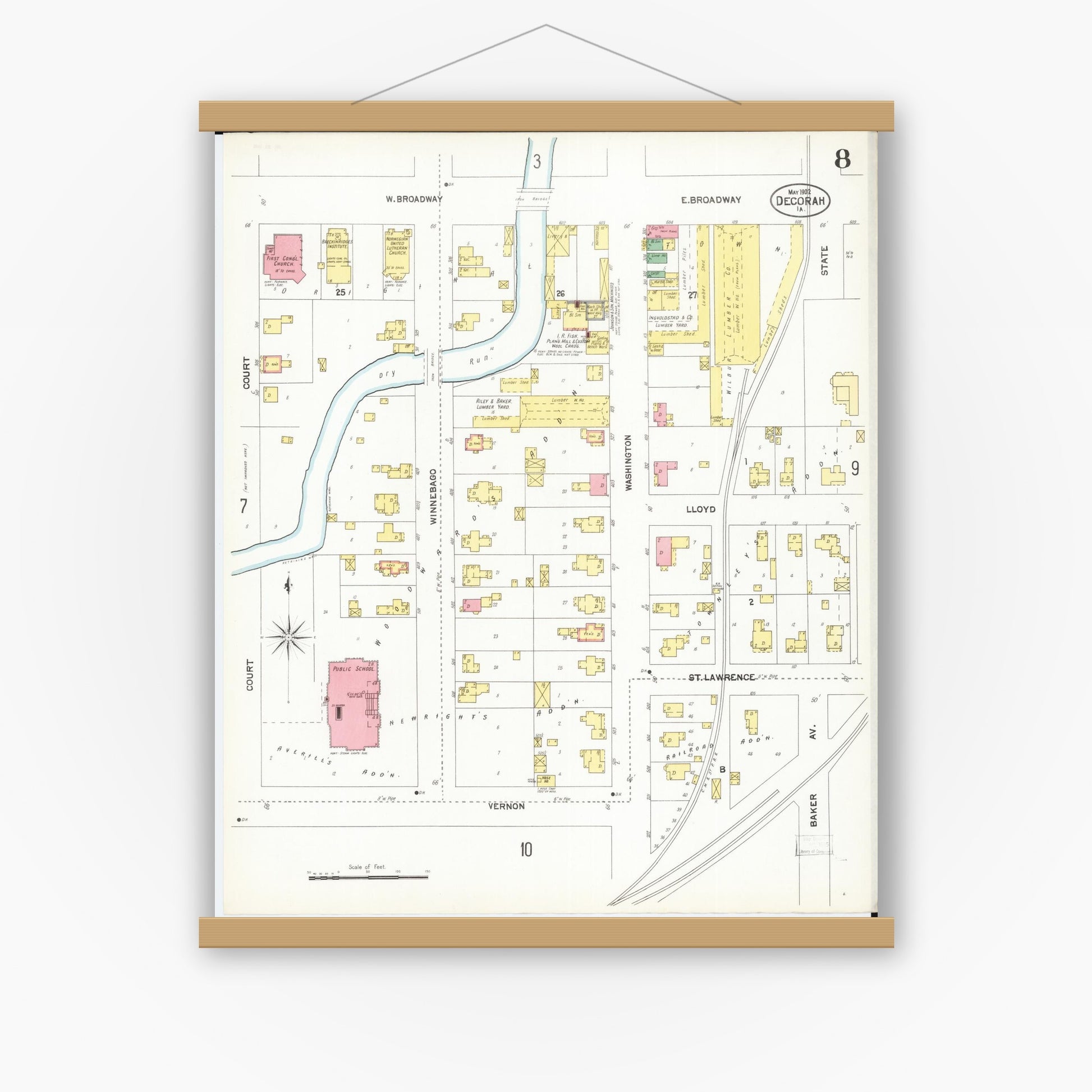 Old map wall art mockup — magnetic wood frame on white wall — Sanborn Fire Insurance Map from Decorah, Winneshiek County, Iowa (1902), Sheet #0008