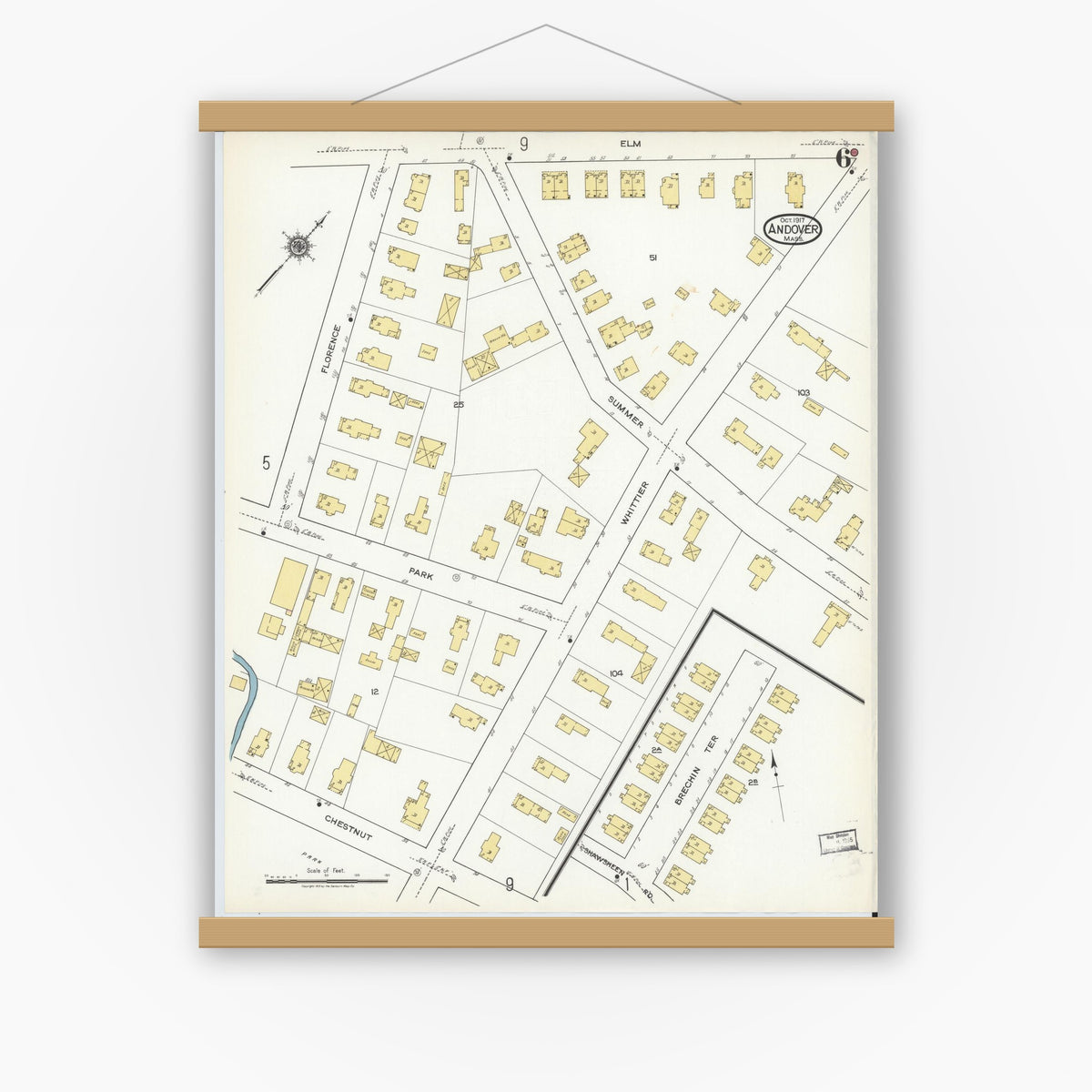 Old map wall art mockup — magnetic wood frame on white wall — Sanborn Fire Insurance Map from Andover, Essex County, Massachusetts (1917), Sheet #0006