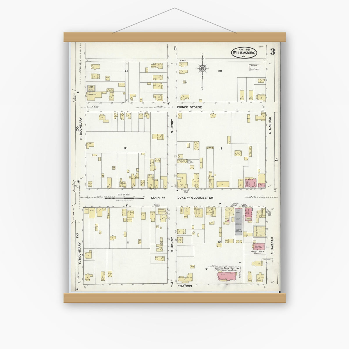 Old map wall art mockup — magnetic wood frame on white wall — Sanborn Fire Insurance Map from Williamsburg, Independent Cities, Virginia (1921), Sheet #0003