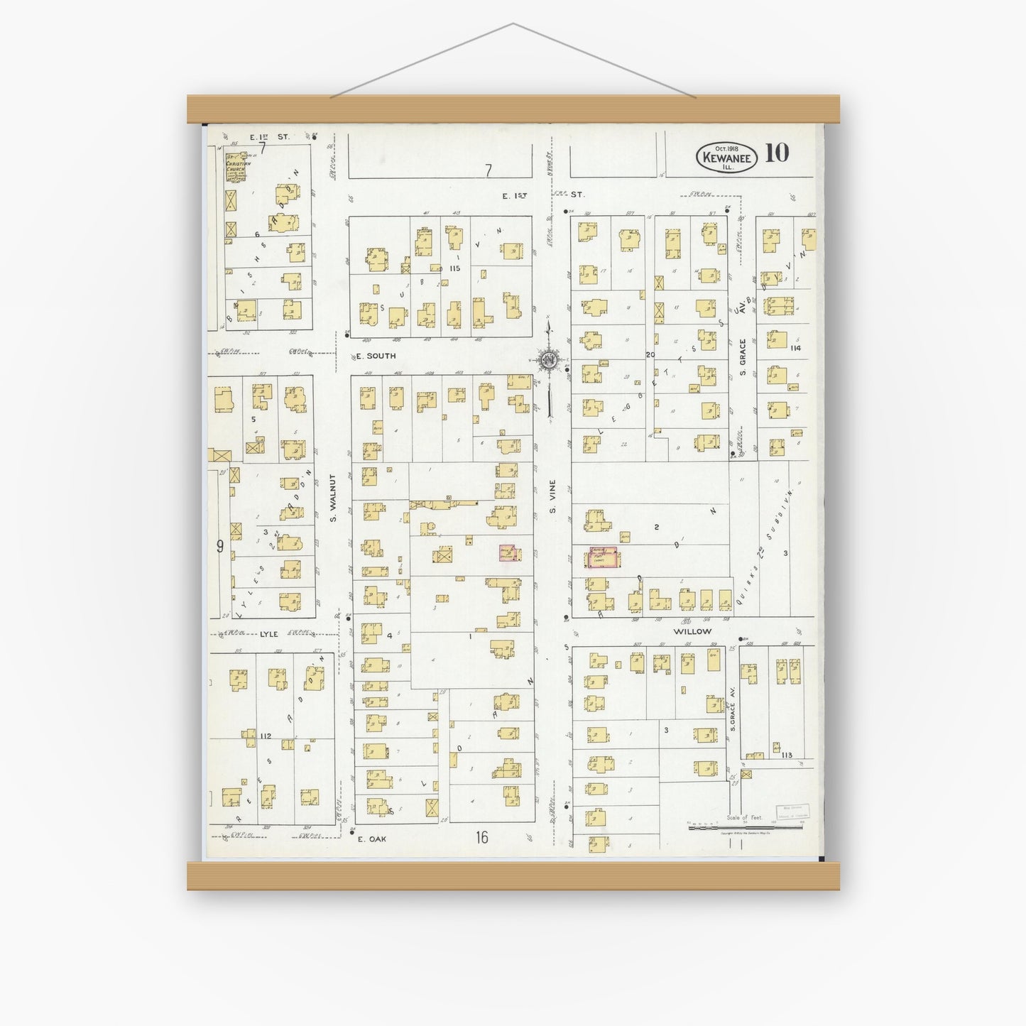 Old map wall art mockup — magnetic wood frame on white wall — Sanborn Fire Insurance Map from Kewanee, Henry County, Illinois (1918), Sheet #0010
