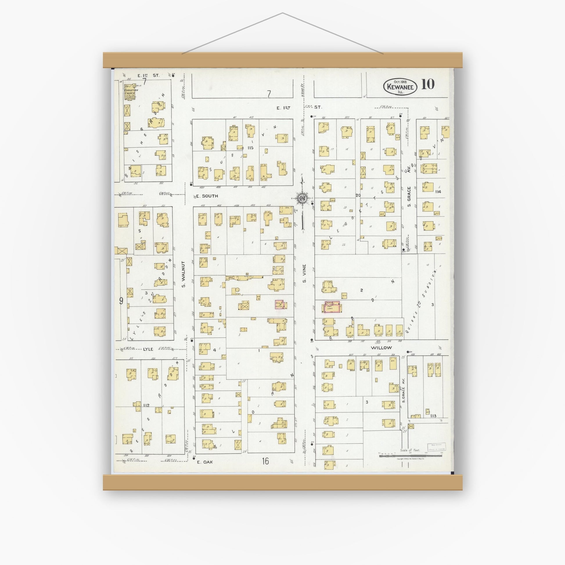 Old map wall art mockup — magnetic wood frame on white wall — Sanborn Fire Insurance Map from Kewanee, Henry County, Illinois (1918), Sheet #0010