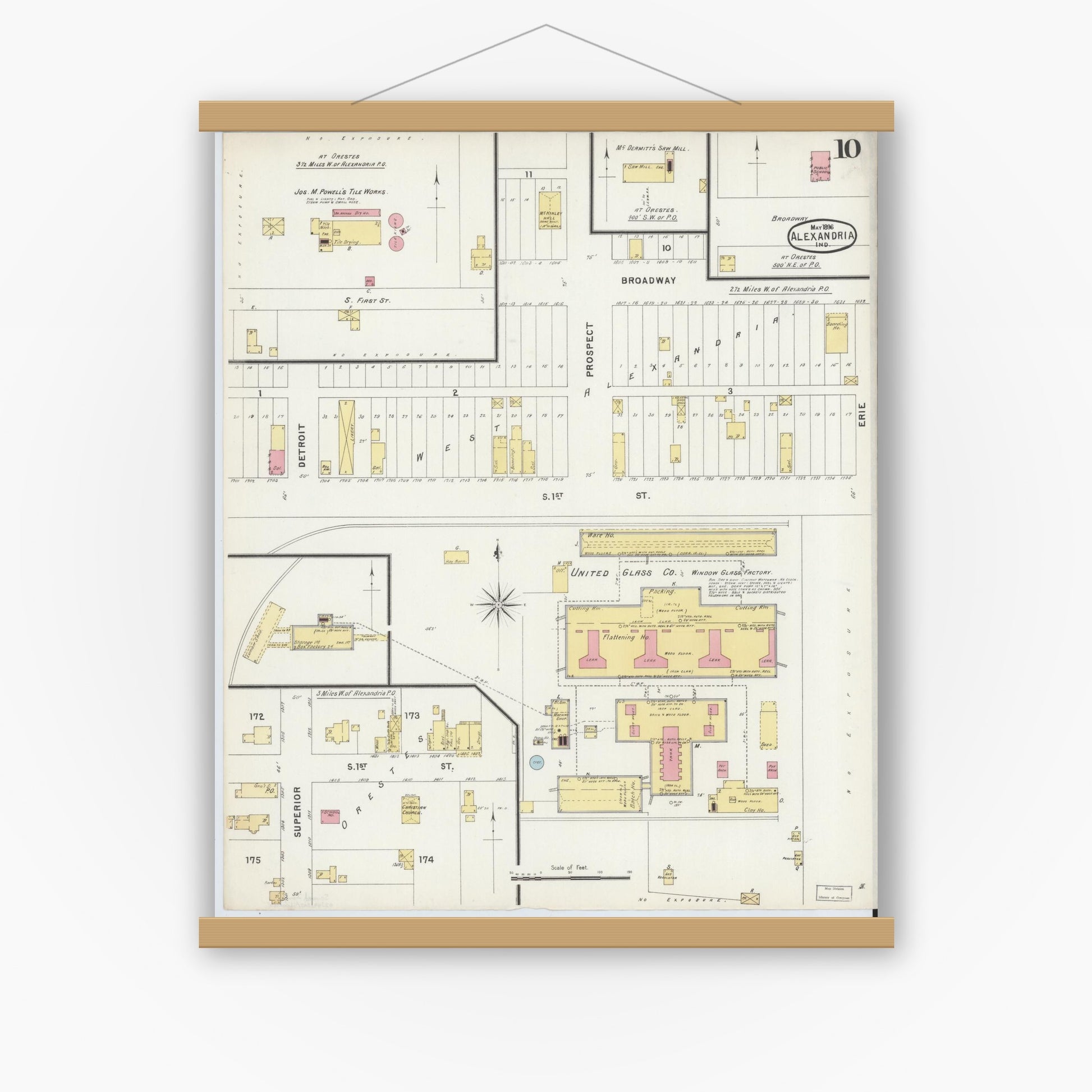Old map wall art mockup — magnetic wood frame on white wall — Sanborn Fire Insurance Map from Alexandria, Madison County, Indiana (1896), Sheet #0010