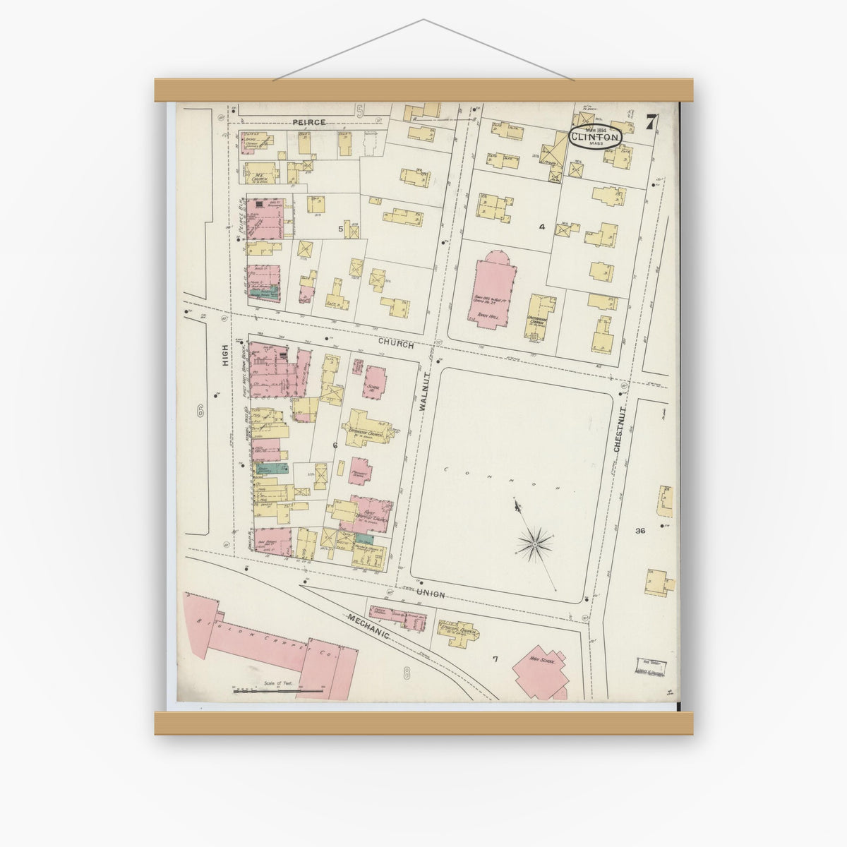 Old map wall art mockup — magnetic wood frame on white wall — Sanborn Fire Insurance Map from Clinton, Worcester County, Massachusetts (1894), Sheet #0007