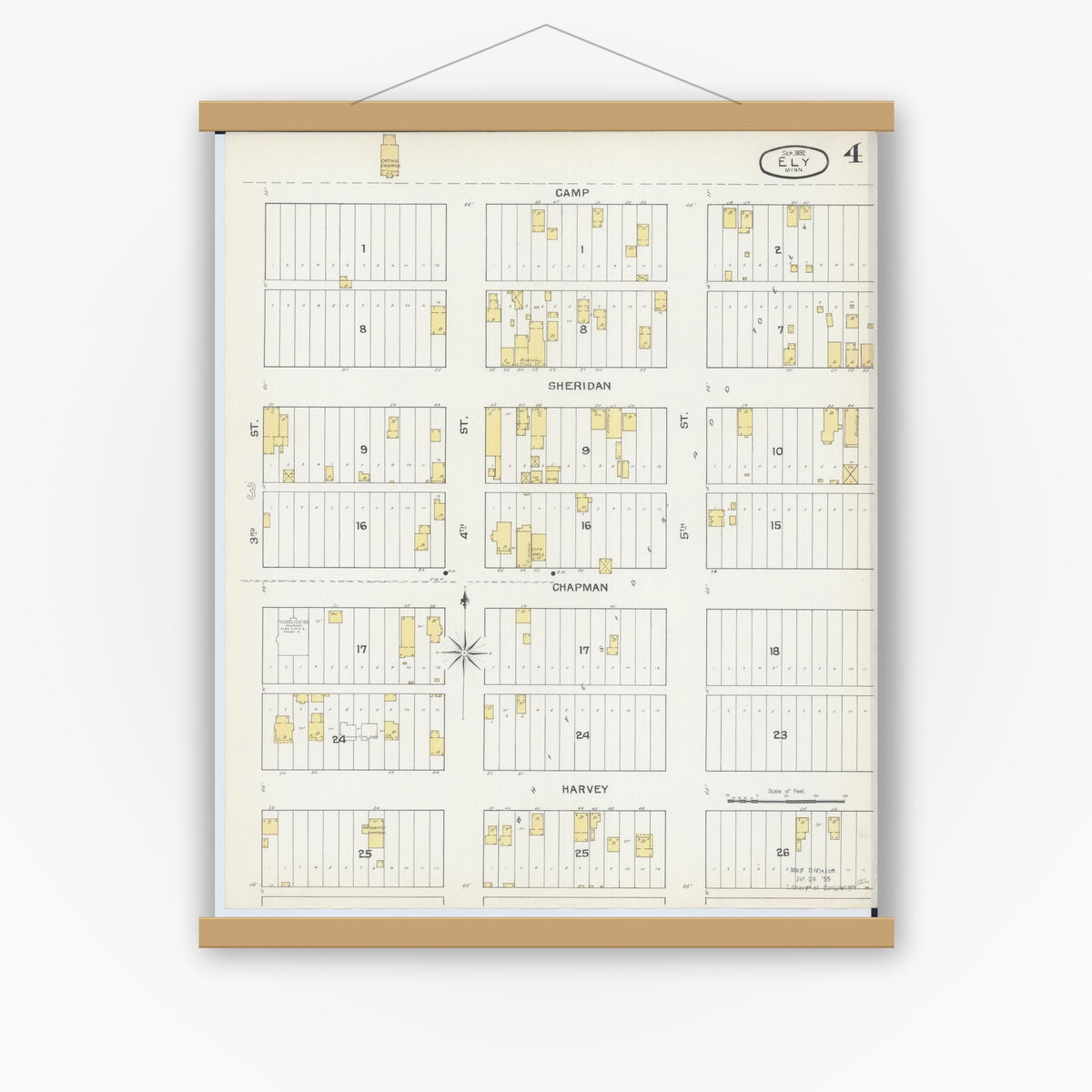 Old map wall art mockup — magnetic wood frame on white wall — Sanborn Fire Insurance Map from Ely, Saint Louis County, Minnesota (1892), Sheet #0004