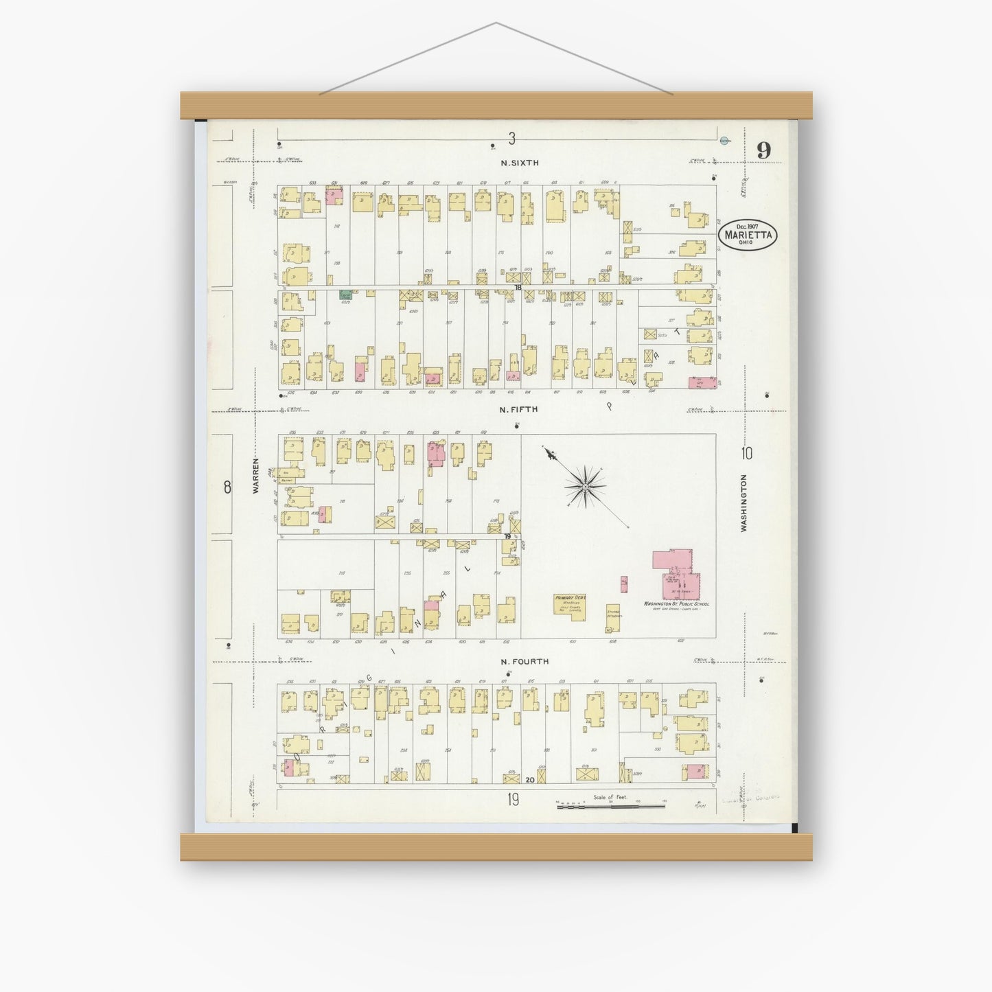 Old map wall art mockup — magnetic wood frame on white wall — Sanborn Fire Insurance Map from Marietta, Washington County, Ohio (1907), Sheet #0009