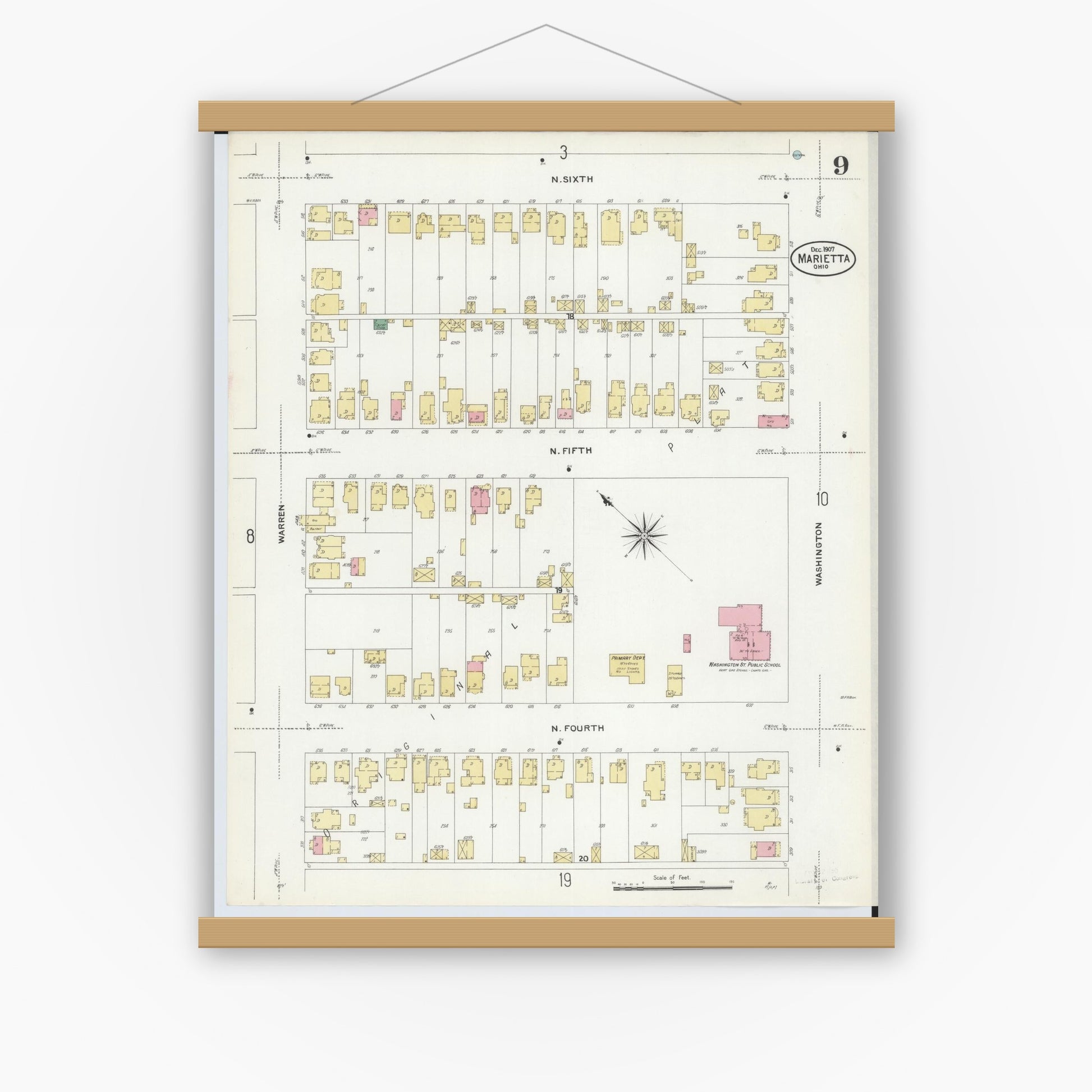 Old map wall art mockup — magnetic wood frame on white wall — Sanborn Fire Insurance Map from Marietta, Washington County, Ohio (1907), Sheet #0009