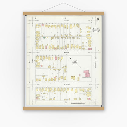Old map wall art mockup — magnetic wood frame on white wall — Sanborn Fire Insurance Map from Marietta, Washington County, Ohio (1907), Sheet #0009