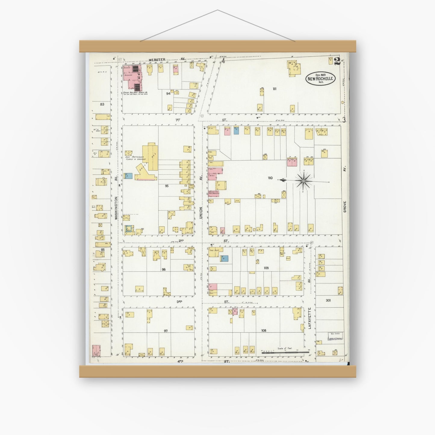 Old map wall art mockup — magnetic wood frame on white wall — Sanborn Fire Insurance Map from New Rochelle, Westchester County, New York (1903) - Complete Map Set