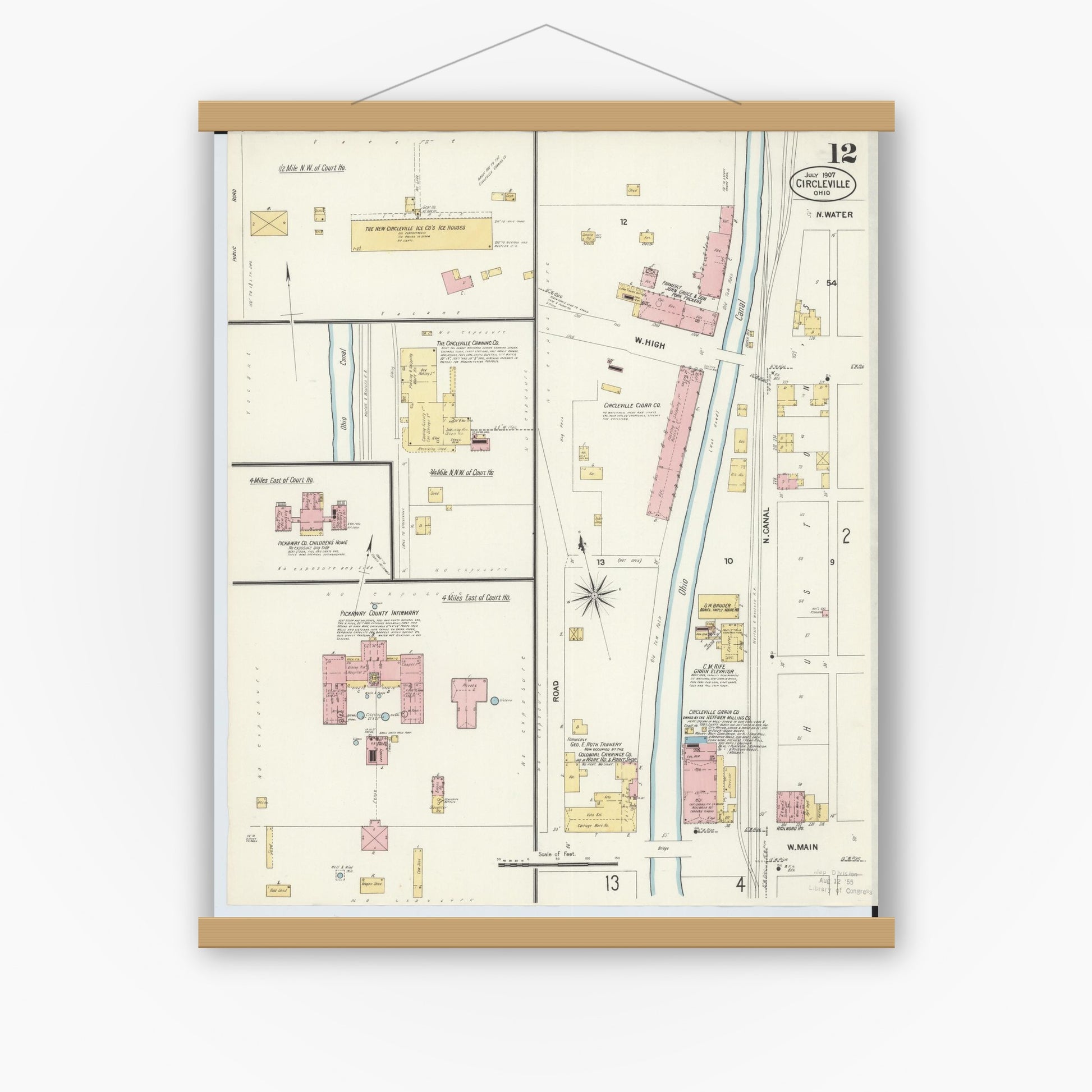 Old map wall art mockup — magnetic wood frame on white wall — Sanborn Fire Insurance Map from Circleville, Pickaway County, Ohio (1907), Sheet #0012