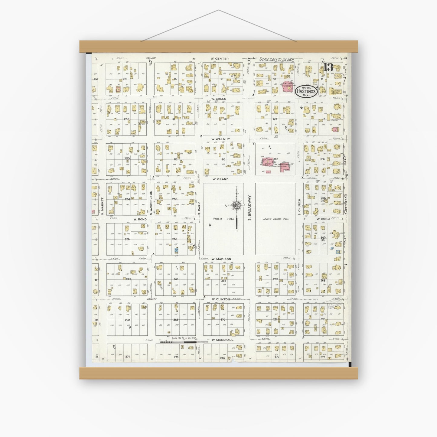 Old map wall art mockup — magnetic wood frame on white wall — Sanborn Fire Insurance Map from Hastings, Barry County, Michigan (1916), Sheet #0013