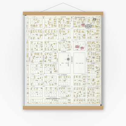 Old map wall art mockup — magnetic wood frame on white wall — Sanborn Fire Insurance Map from Hastings, Barry County, Michigan (1916), Sheet #0013