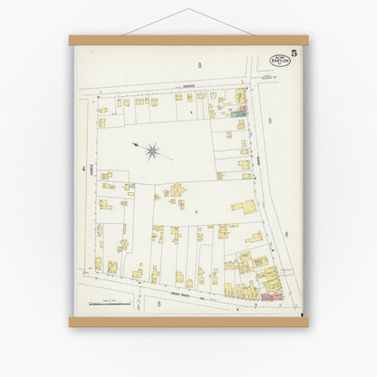 Old map wall art mockup — magnetic wood frame on white wall — Sanborn Fire Insurance Map from Babylon, Suffolk County, New York (1902), Sheet #0005