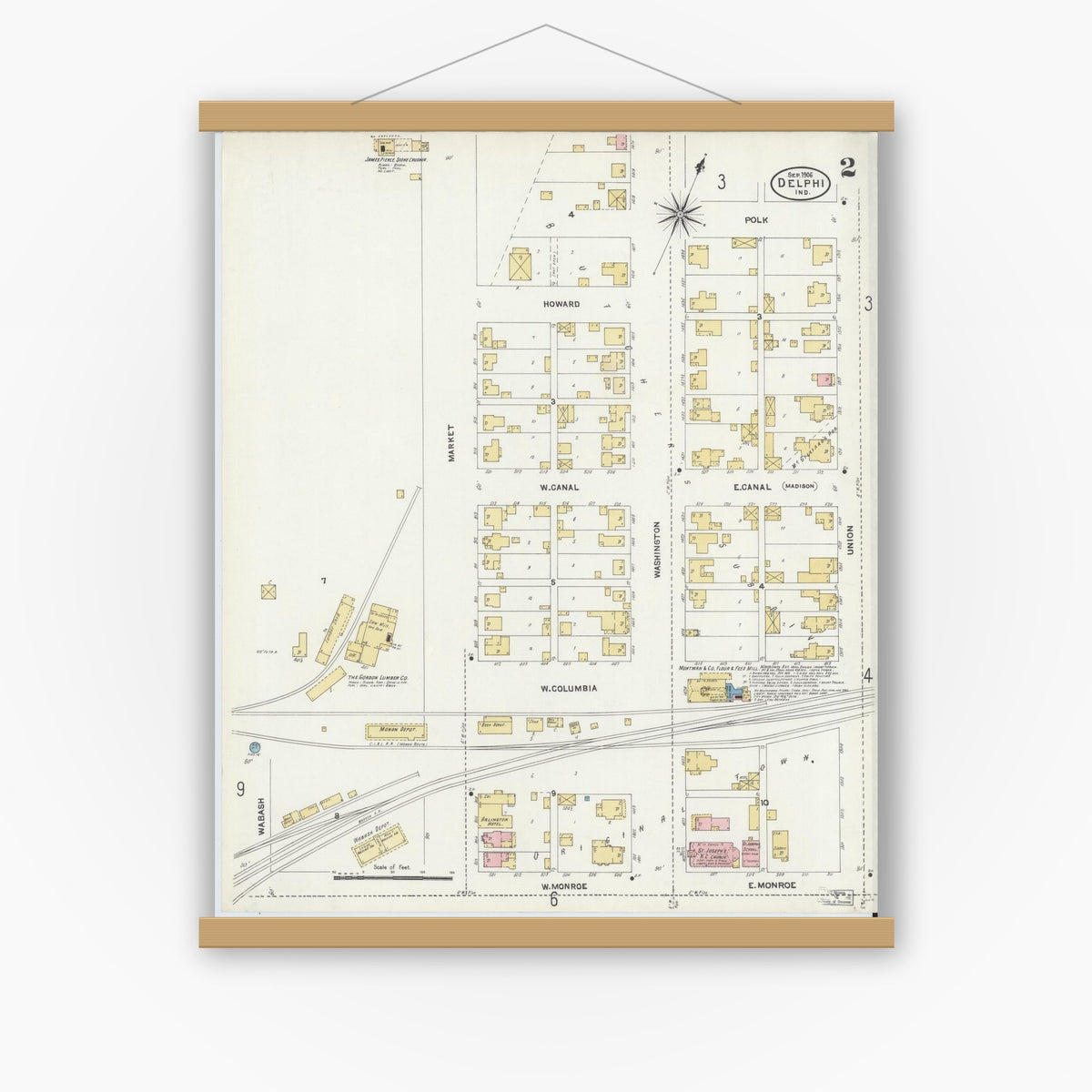 Old map wall art mockup — magnetic wood frame on white wall — Sanborn Fire Insurance Map from Delphi, Carroll County, Indiana (1906), Sheet #0002