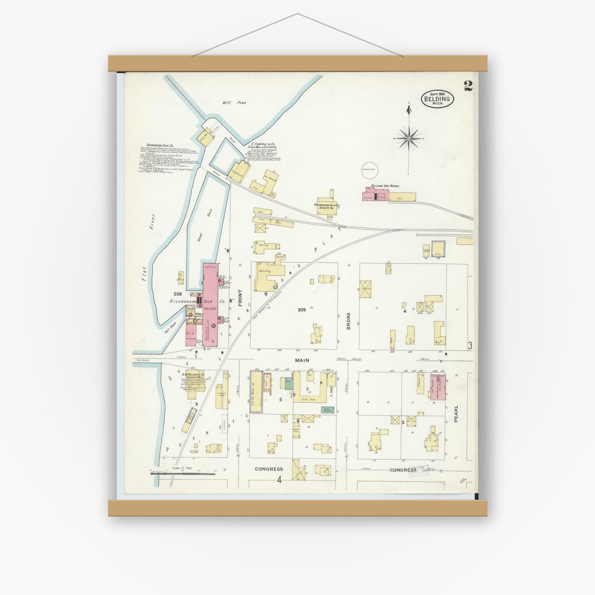 Old map wall art mockup — magnetic wood frame on white wall — Sanborn Fire Insurance Map from Belding, Ionia County, Michigan (1908), Sheet #0002