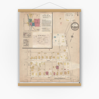 Old map wall art mockup — magnetic wood frame on white wall — Sanborn Fire Insurance Map from West Middlesex, Mercer County, Pennsylvania (1937) - Complete Map Set