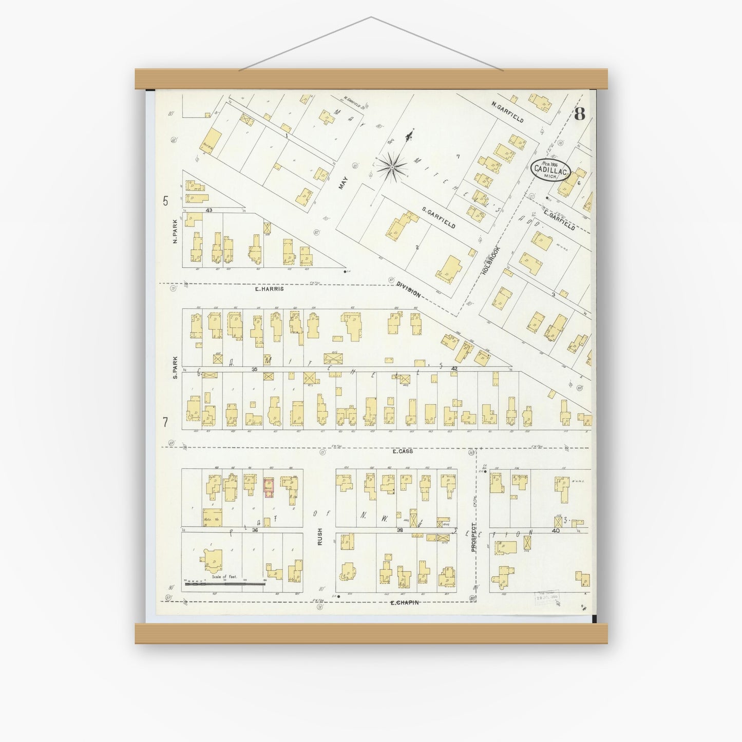 Old map wall art mockup — magnetic wood frame on white wall — Sanborn Fire Insurance Map from Cadillac, Wexford County, Michigan (1906), Sheet #0008