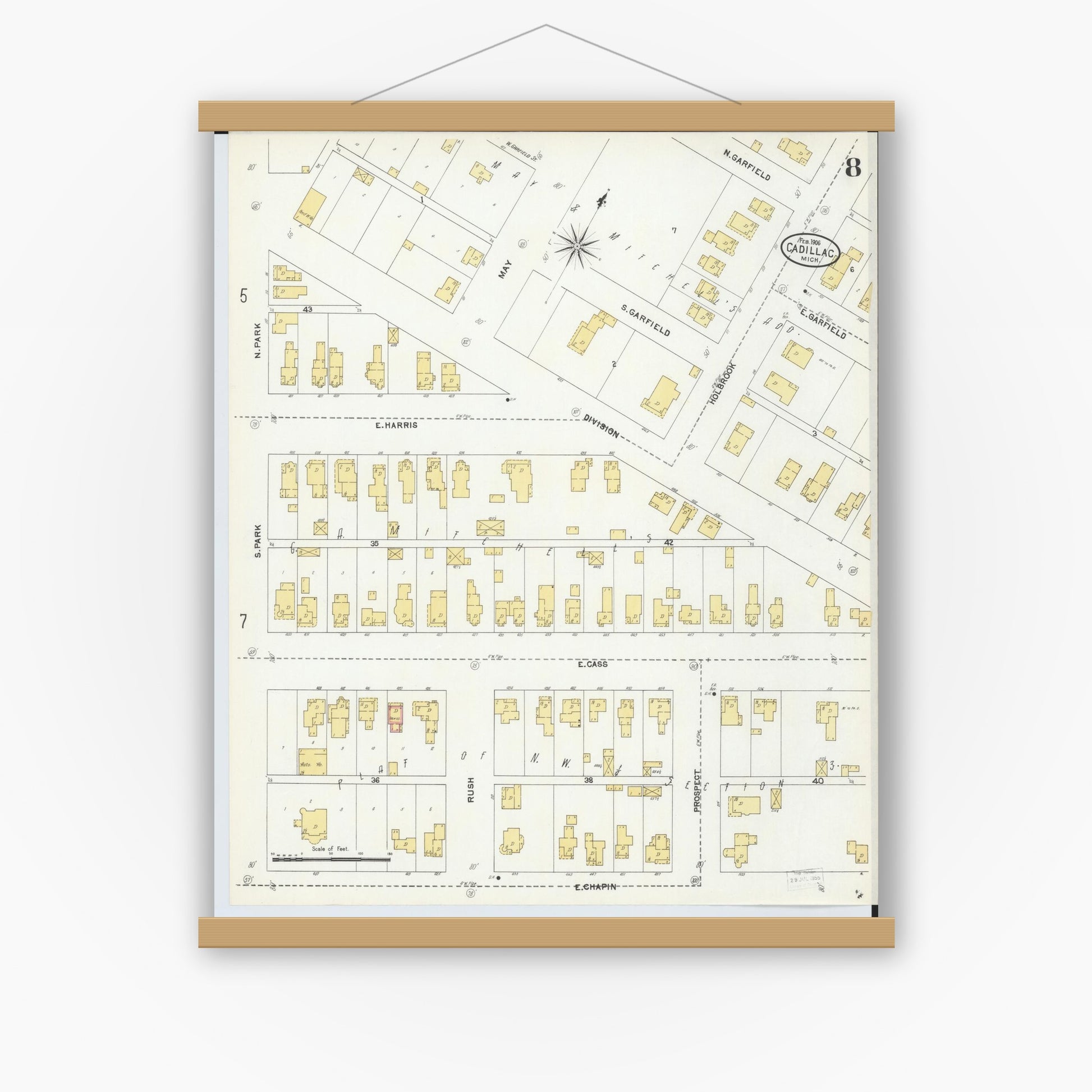 Old map wall art mockup — magnetic wood frame on white wall — Sanborn Fire Insurance Map from Cadillac, Wexford County, Michigan (1906), Sheet #0008