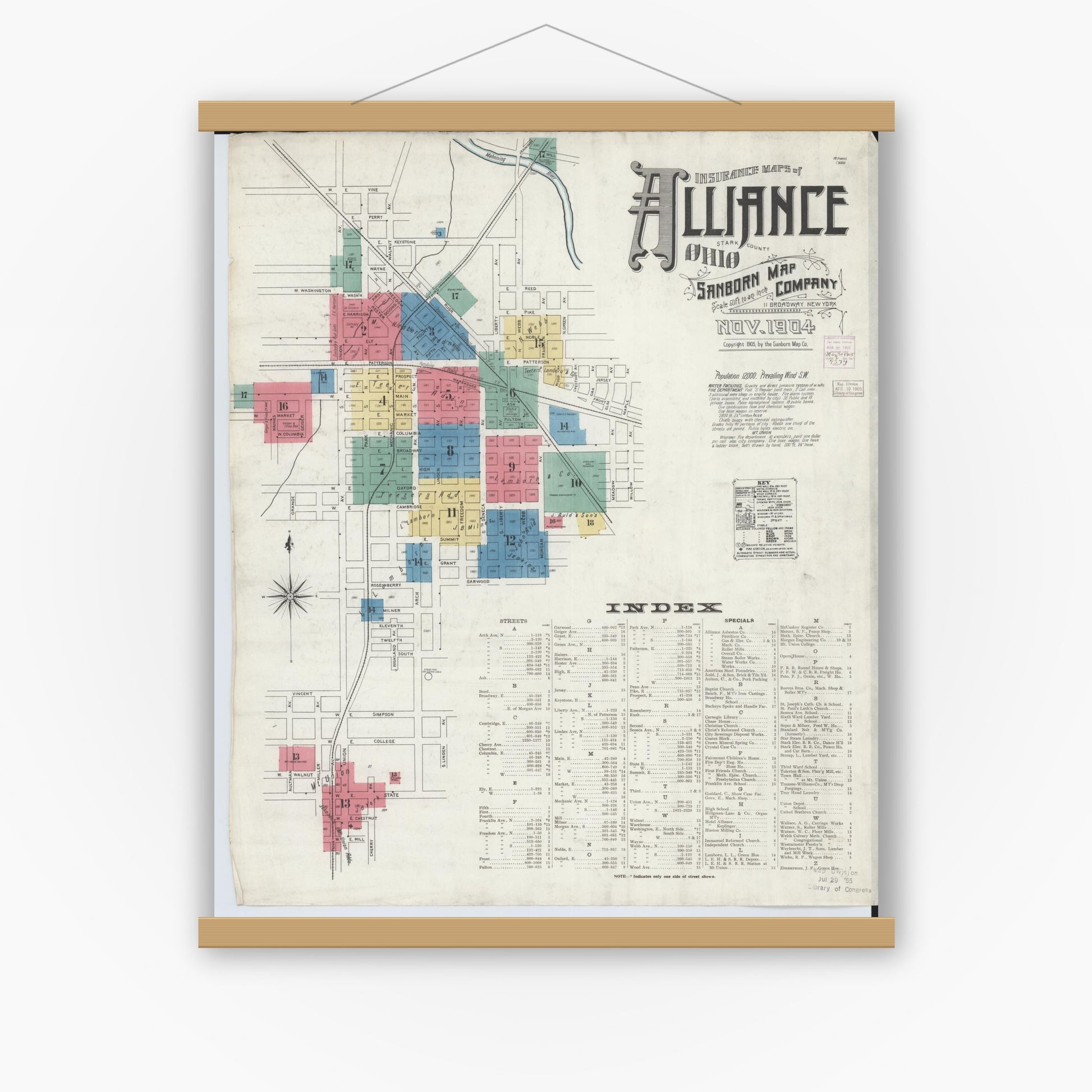 Old map wall art mockup — magnetic wood frame on white wall — Sanborn Fire Insurance Map from Alliance, Stark County, Ohio (1904), Sheet #0001