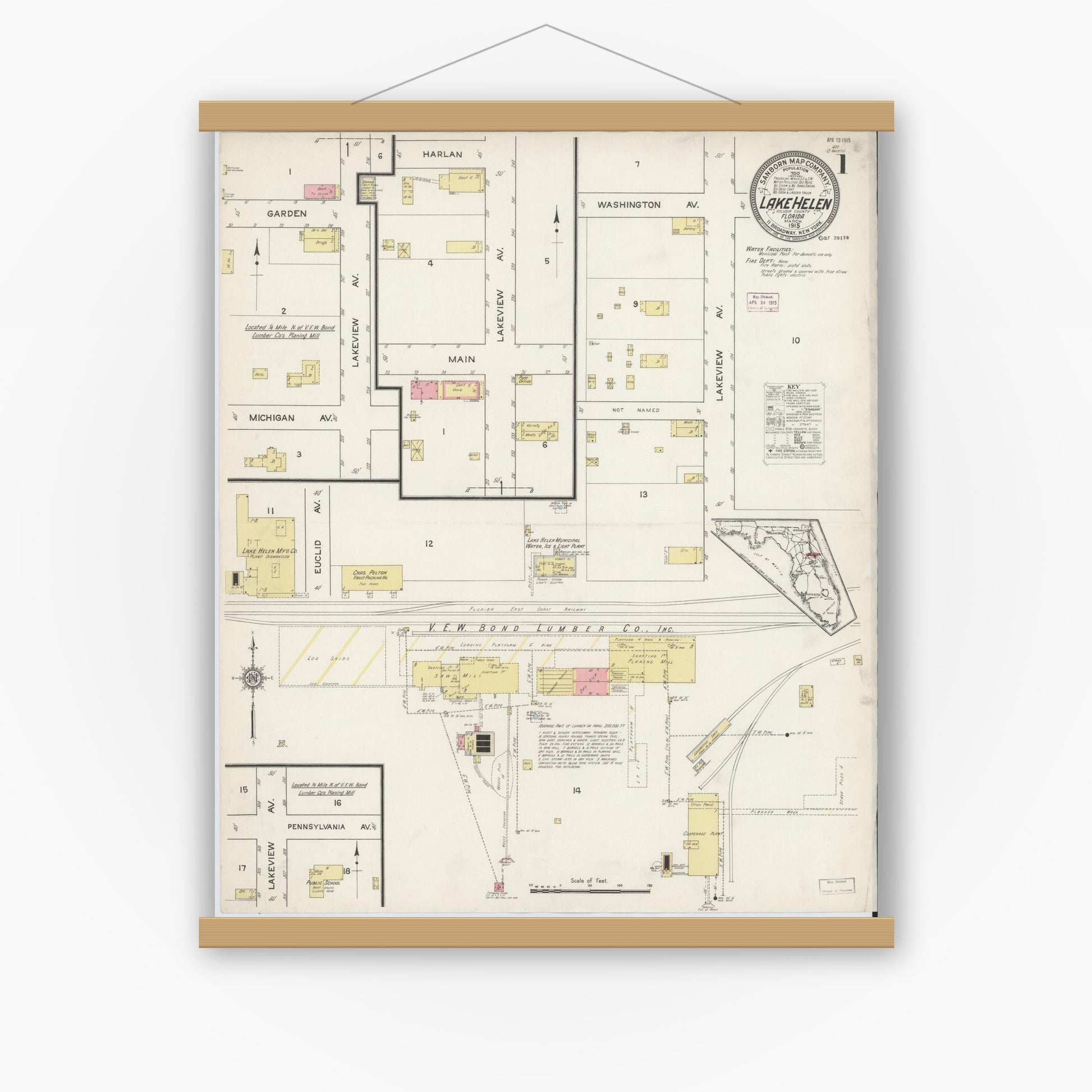 Old map wall art mockup — magnetic wood frame on white wall — Sanborn Fire Insurance Map from Lake Helen, Volusia County, Florida (1915) - Complete Map Set