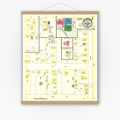 Old map wall art mockup — magnetic wood frame on white wall — Sanborn Fire Insurance Map from Albany, Shackelford County, Texas (1902), Sheet #0001