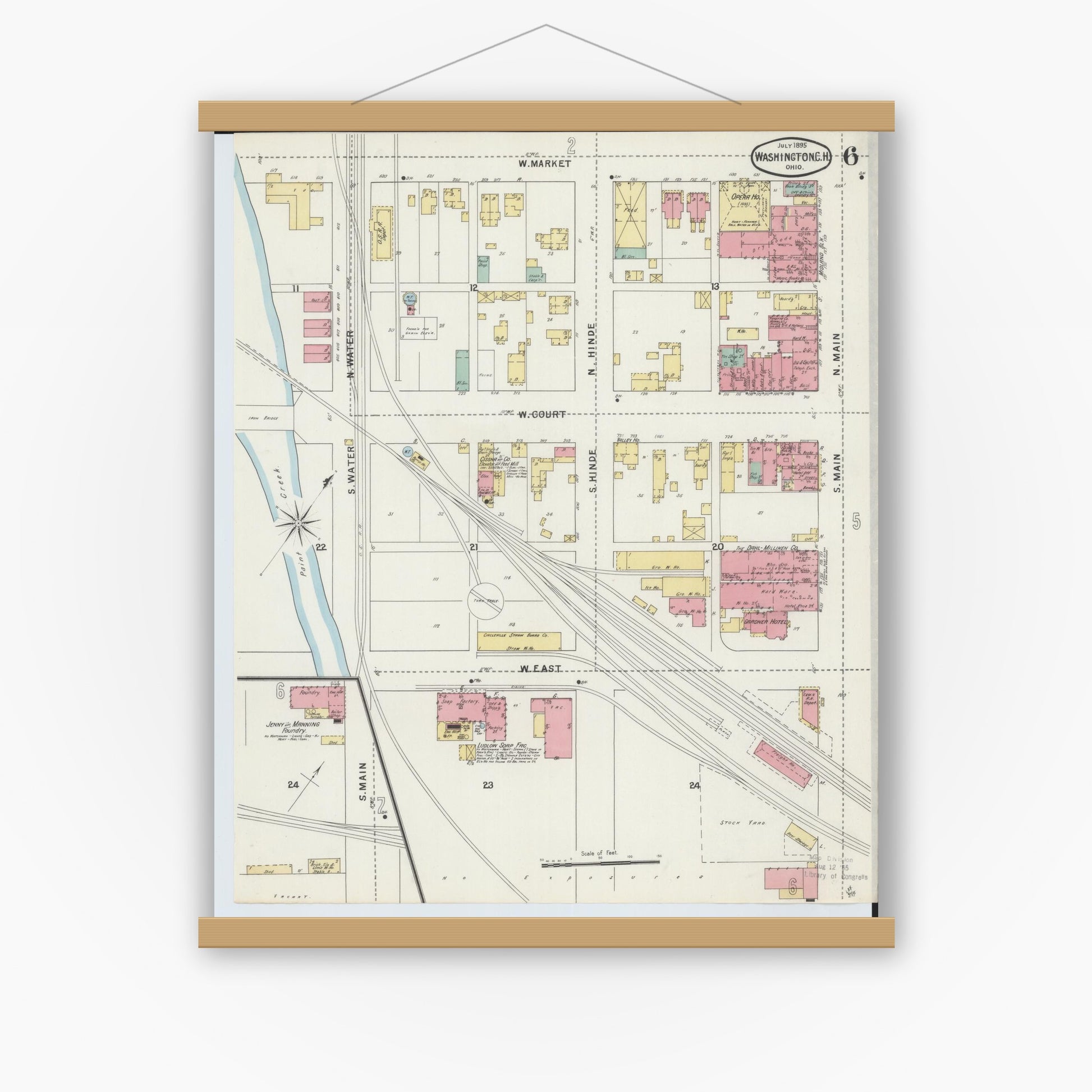 Old map wall art mockup — magnetic wood frame on white wall — Sanborn Fire Insurance Map from Washington Court House, Fayette County, Ohio (1895), Sheet #0006