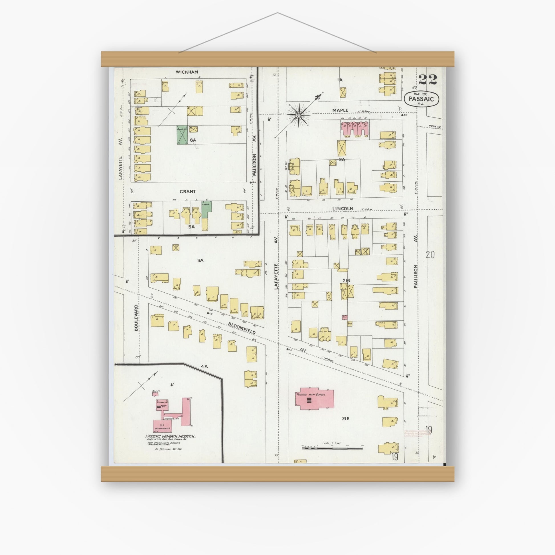Old map wall art mockup — magnetic wood frame on white wall — Sanborn Fire Insurance Map from Passaic, Passaic County, New Jersey (1899), Sheet #0022