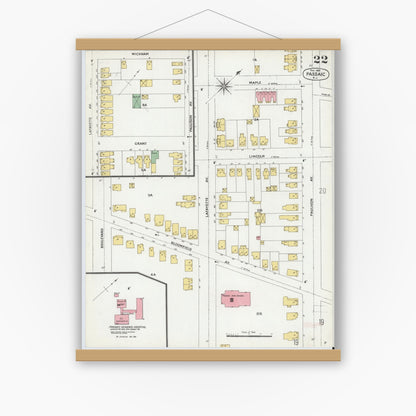 Old map wall art mockup — magnetic wood frame on white wall — Sanborn Fire Insurance Map from Passaic, Passaic County, New Jersey (1899), Sheet #0022
