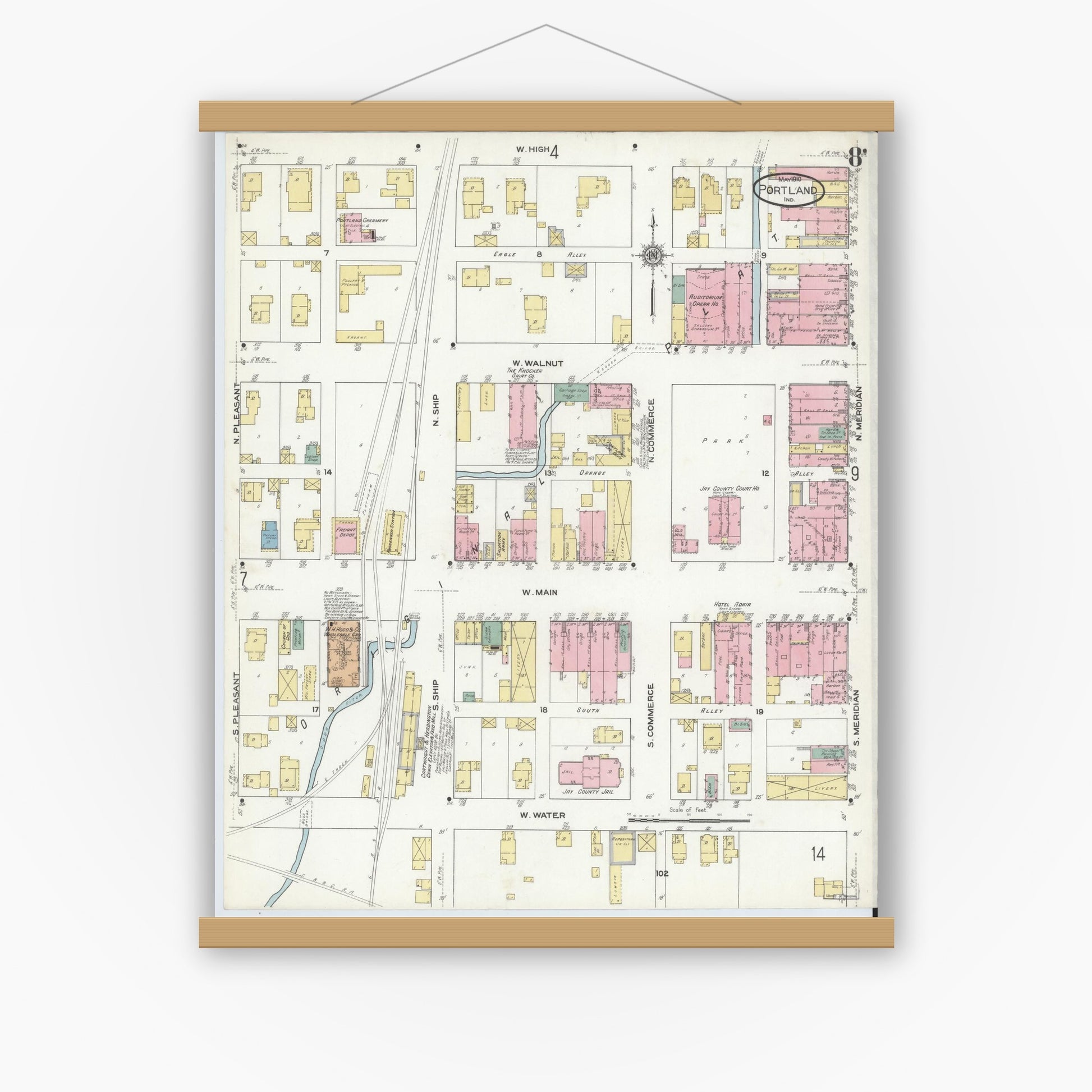 Old map wall art mockup — magnetic wood frame on white wall — Sanborn Fire Insurance Map from Portland, Jay County, Indiana (1910), Sheet #0008