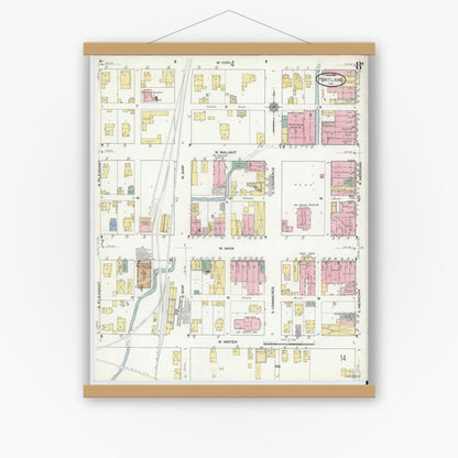 Old map wall art mockup — magnetic wood frame on white wall — Sanborn Fire Insurance Map from Portland, Jay County, Indiana (1910), Sheet #0008