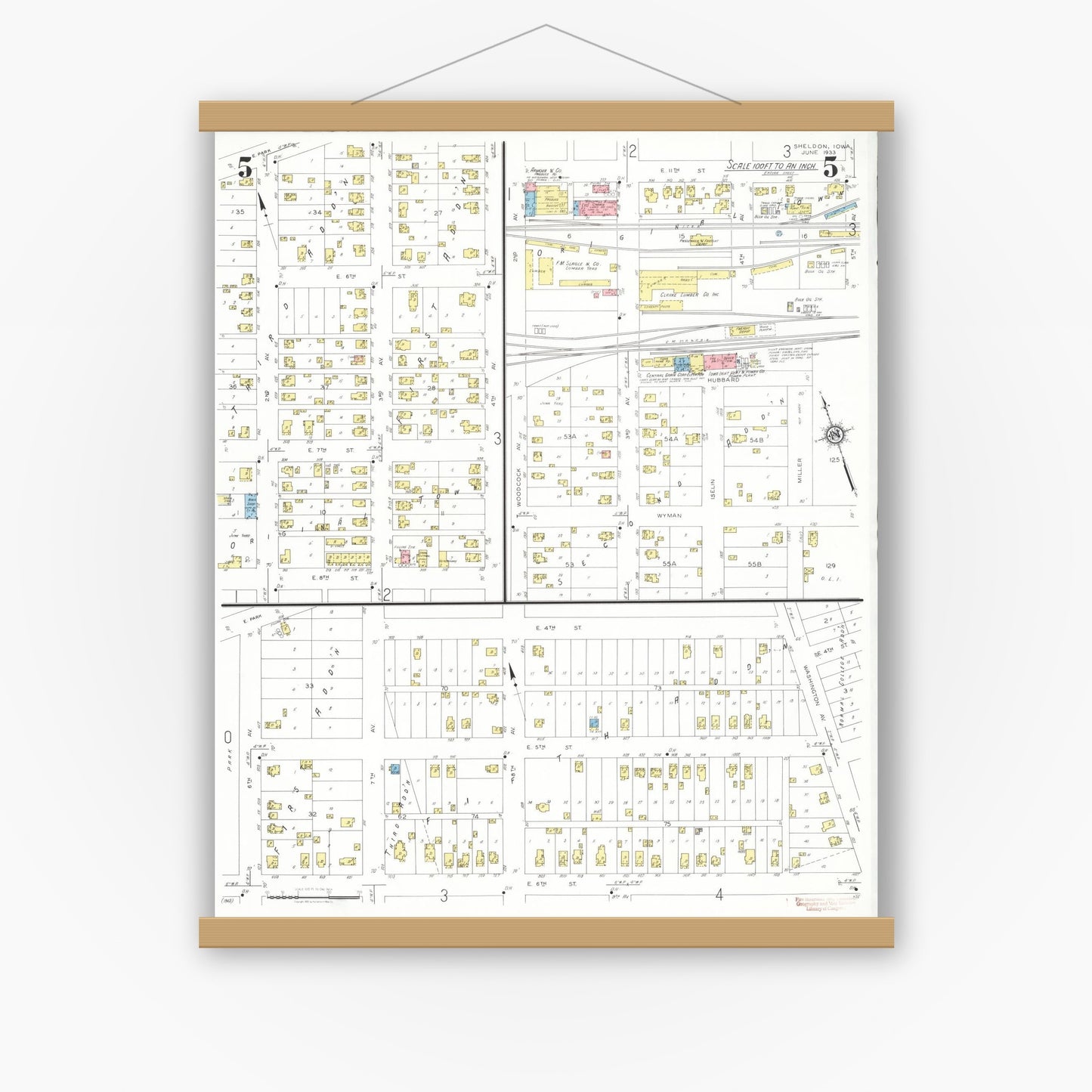 Old map wall art mockup — magnetic wood frame on white wall — Sanborn Fire Insurance Map from Sheldon, O'Brien County, Iowa (1933), Sheet #0005
