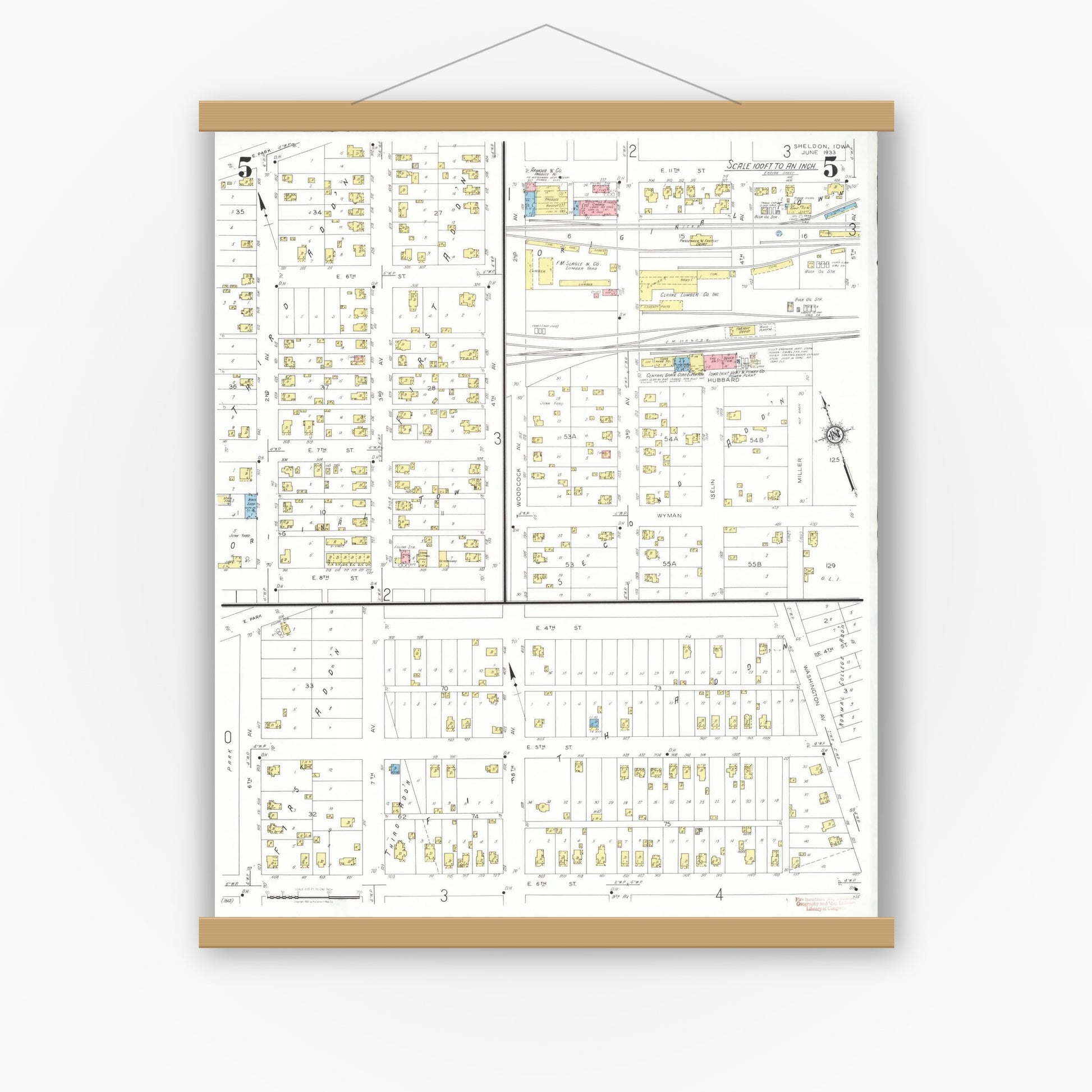 Old map wall art mockup — magnetic wood frame on white wall — Sanborn Fire Insurance Map from Sheldon, O'Brien County, Iowa (1933), Sheet #0005