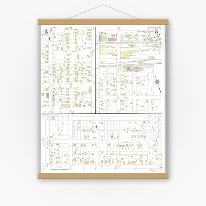 Old map wall art mockup — magnetic wood frame on white wall — Sanborn Fire Insurance Map from Sheldon, O'Brien County, Iowa (1933), Sheet #0005