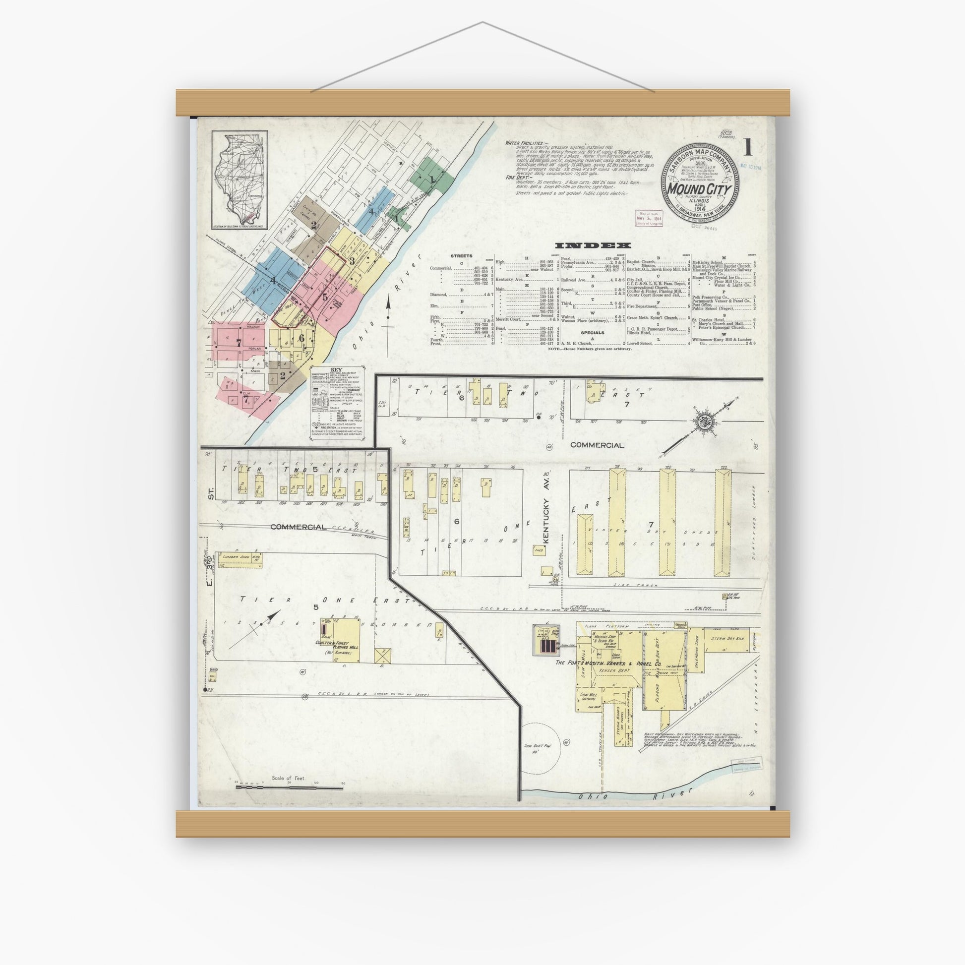 Old map wall art mockup — magnetic wood frame on white wall — Sanborn Fire Insurance Map from Mound City, Pulaski County, Illinois (1914), Sheet #0001