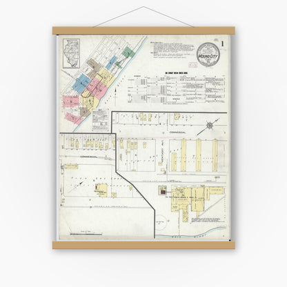 Old map wall art mockup — magnetic wood frame on white wall — Sanborn Fire Insurance Map from Mound City, Pulaski County, Illinois (1914), Sheet #0001
