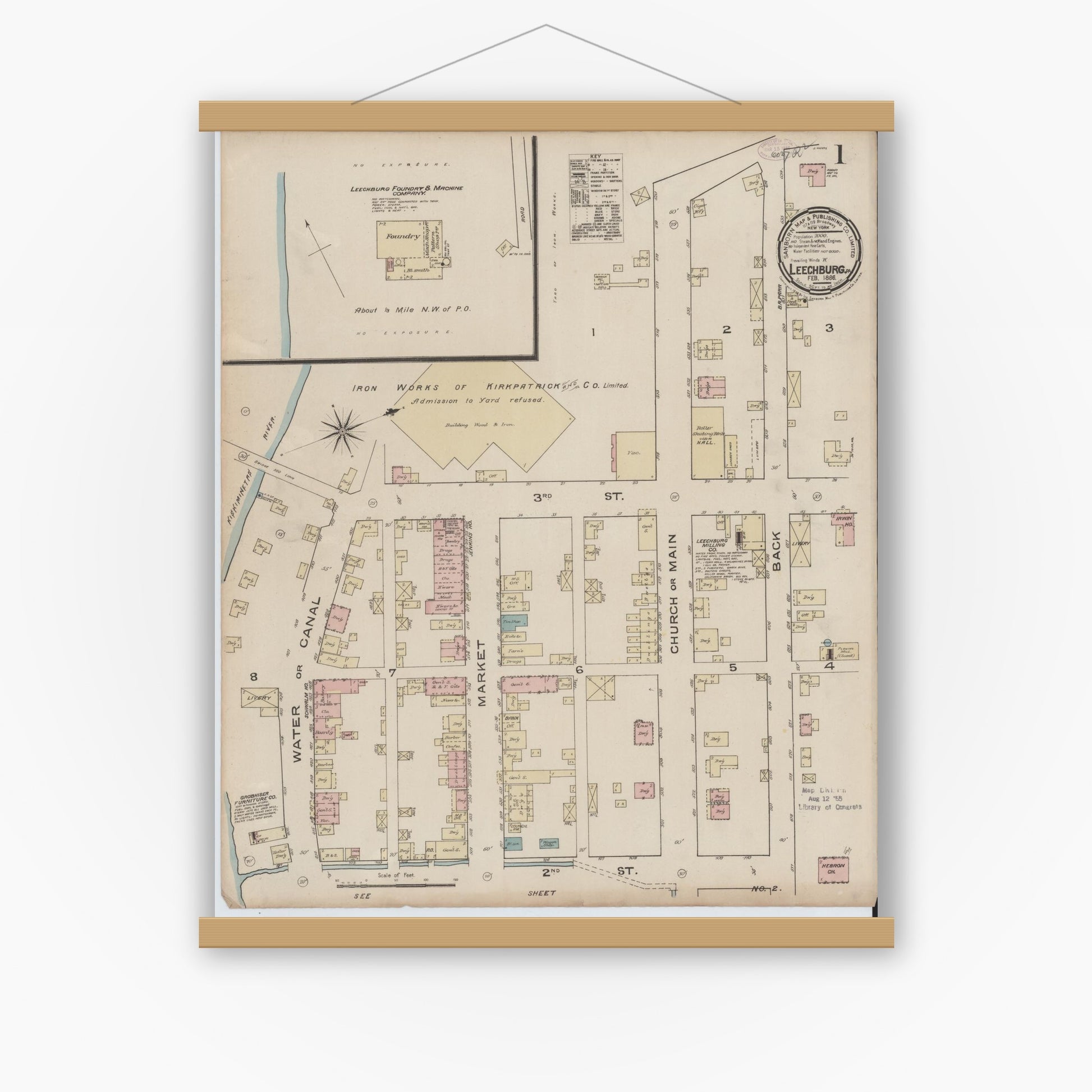 Old map wall art mockup — magnetic wood frame on white wall — Sanborn Fire Insurance Map from Leechburg, Armstrong County, Pennsylvania (1886) - Complete Map Set