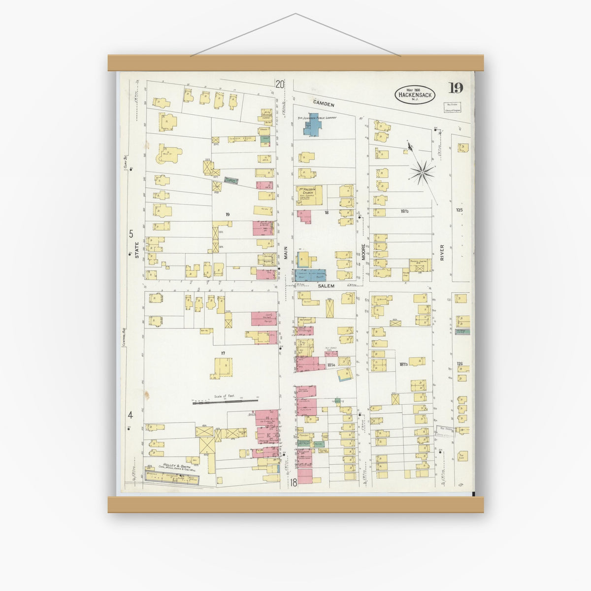 Old map wall art mockup — magnetic wood frame on white wall — Sanborn Fire Insurance Map from Hackensack, Bergen County, New Jersey (1908), Sheet #0019